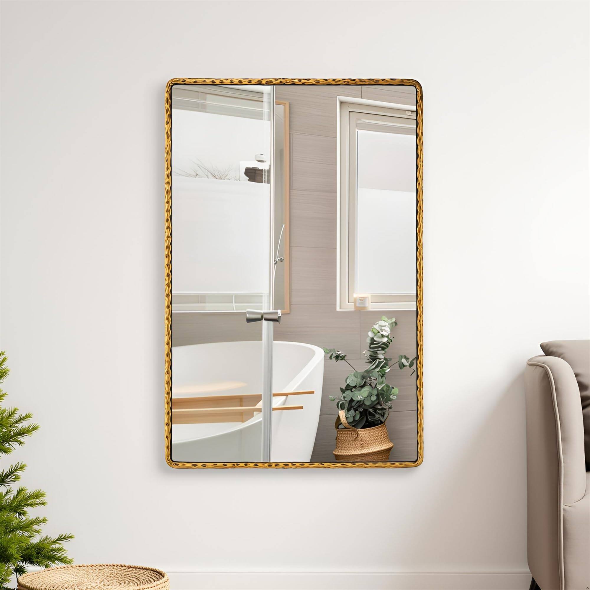Left. HM 1810 - Rectangle Bathroom Mirror With Rounded Corner antique Finish Hammered Metal Frame Large Wall Mirrors Decora - Antique Copper.