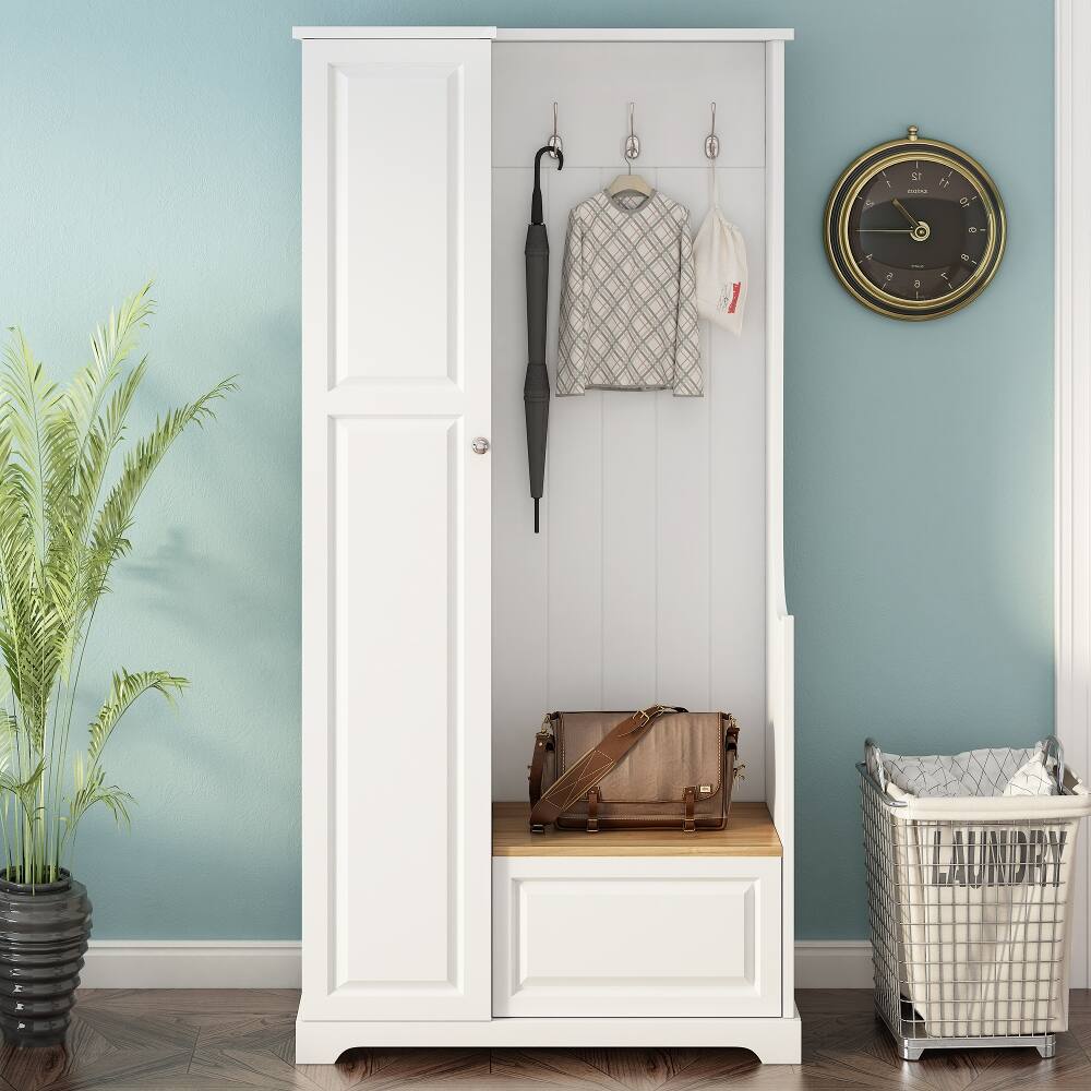 Left. Loheer - Loheer White Minimalist Hall Tree with Flip Up Bench and Adjustable Shelves - White.