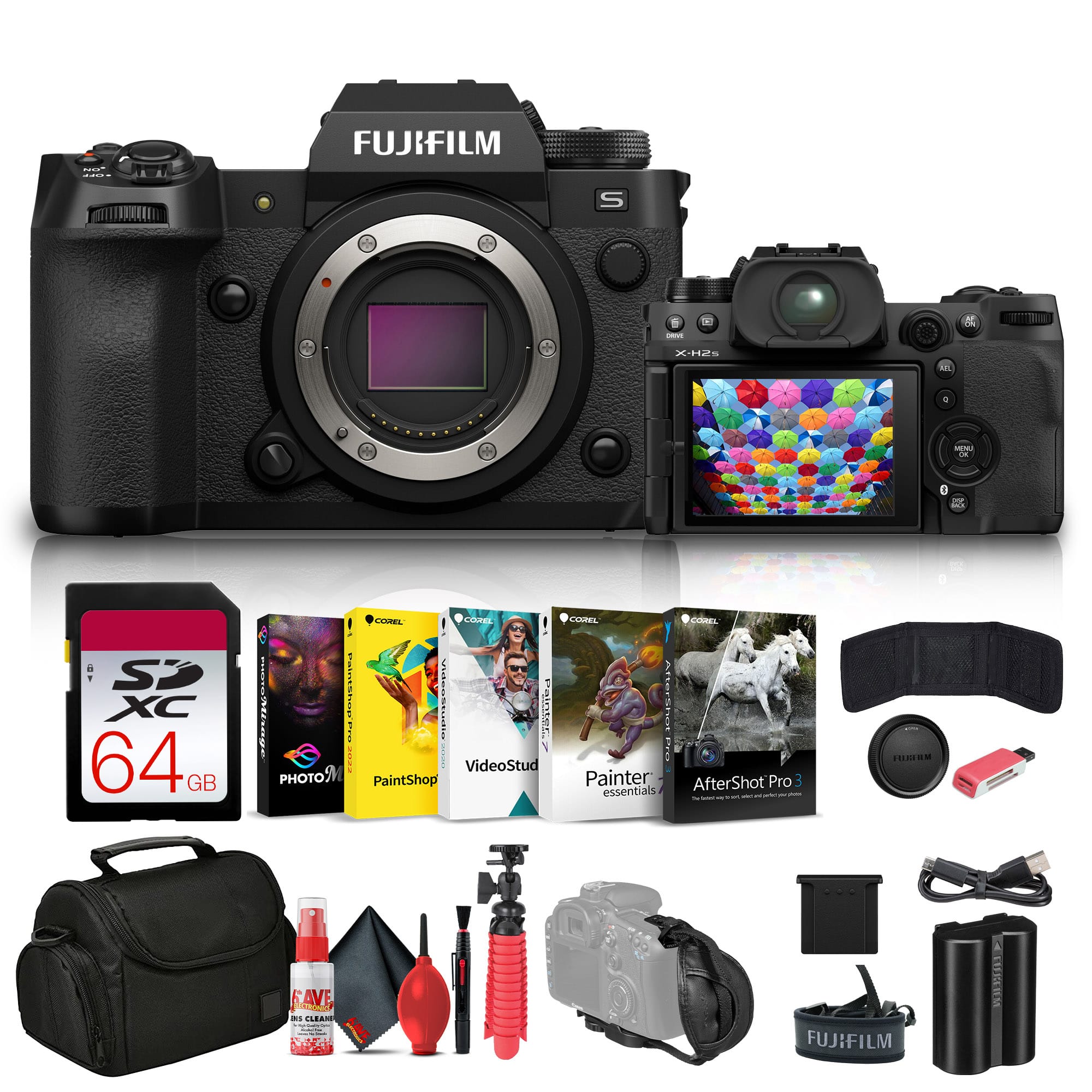 Bundle - Fujifilm - X-H2S Mirrorless Camera (16756924) + 64GB Memory Card + Bag + More - Black