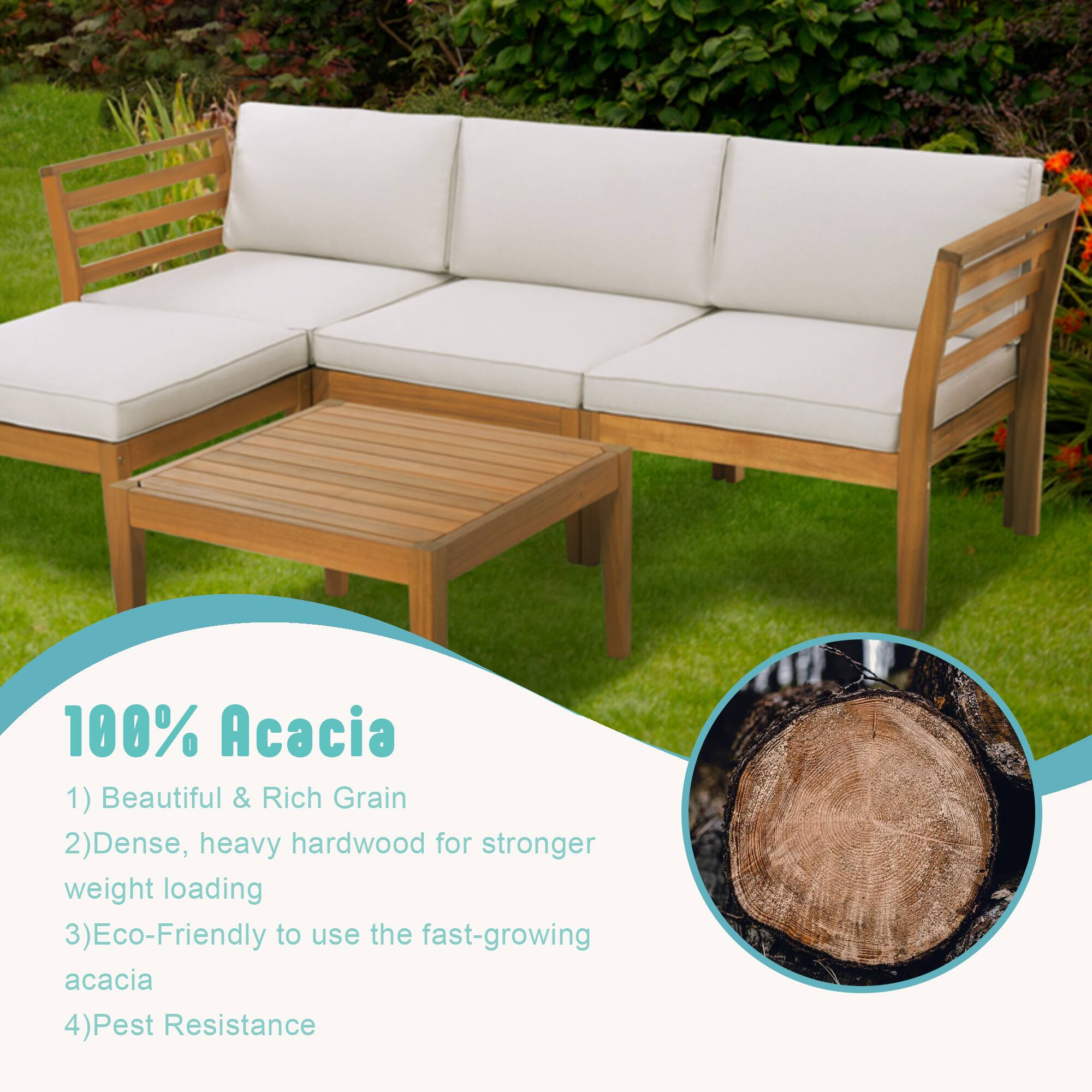 100% Acacia  
1) Beautiful & Rich Grain  
2) Dense, heavy hardwood for stronger weight loading  
3) Eco-Friendly to use the fast-growing acacia  
4) Pest Resistance