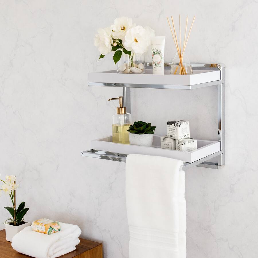 Danya B Wall Mount 2 Tier Chrome Shelving Unit with Towel Rack and ...