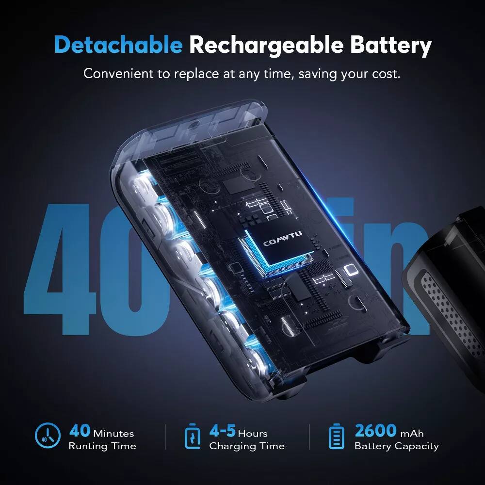 Detachable Rechargeable Battery, Convenient to replace at any time, saving your cost. 40 Minutes Running Time, 4-5 Hours Charging Time, 2600 mAh Battery Capacity.