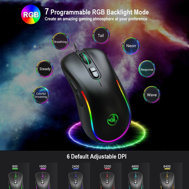 7 Programmable RGB Backlight Mode  
Create an amazing gaming atmosphere at your preference  

- Breathing  
- Tail  
- Neon  
- Steady  
- Response  
- Colorful Streaming  
- Wave  

6 Default Adjustable DPI  
800 1600 2400 3200 4800 6400