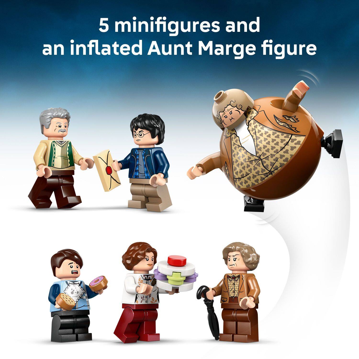 5 minifigures and an inflated Aunt Marge figure.