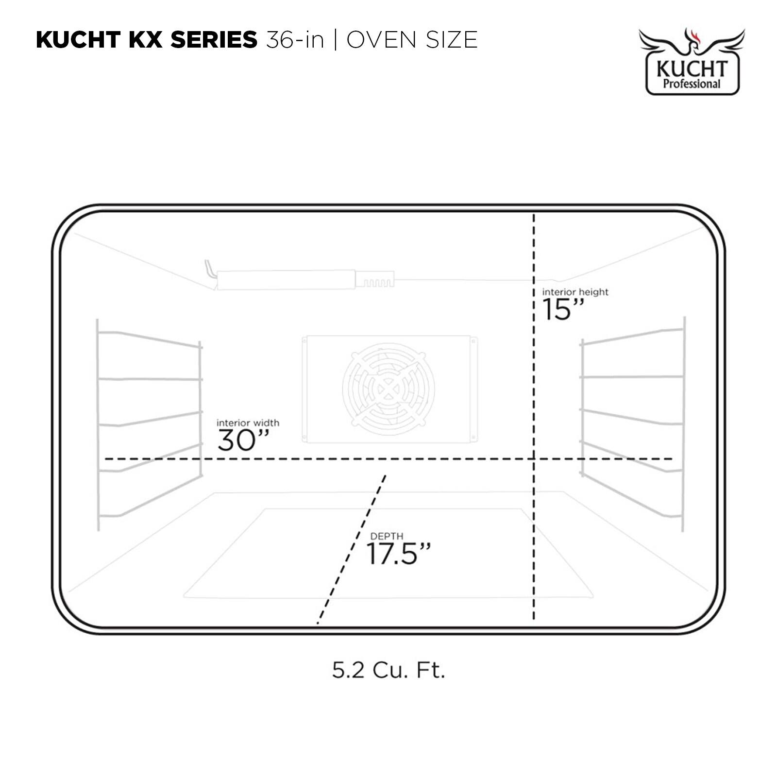 KUCHT KX SERIES 36-in | OVEN SIZE

- interior height: 15"
- interior width: 30"
- DEPTH: 17.5"
- 5.2 Cu. Ft.