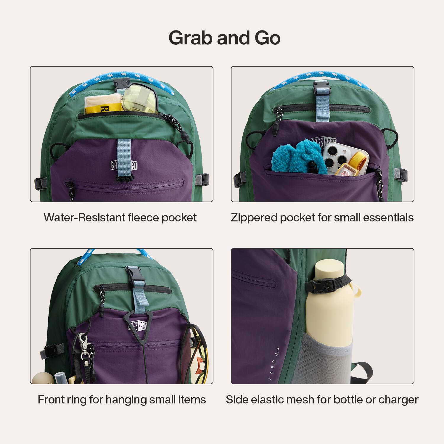 Grab and Go

- Water-Resistant fleece pocket
- Zippered pocket for small essentials
- Front ring for hanging small items
- Side elastic mesh for bottle or charger