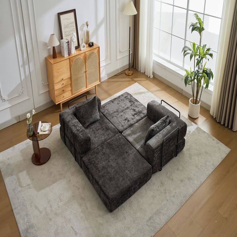 Left. Kadyn - Convertible Compression Sofa, Fixed-Frame Floor Bed with Boneless Chenille Sectional Design, Black - Black.