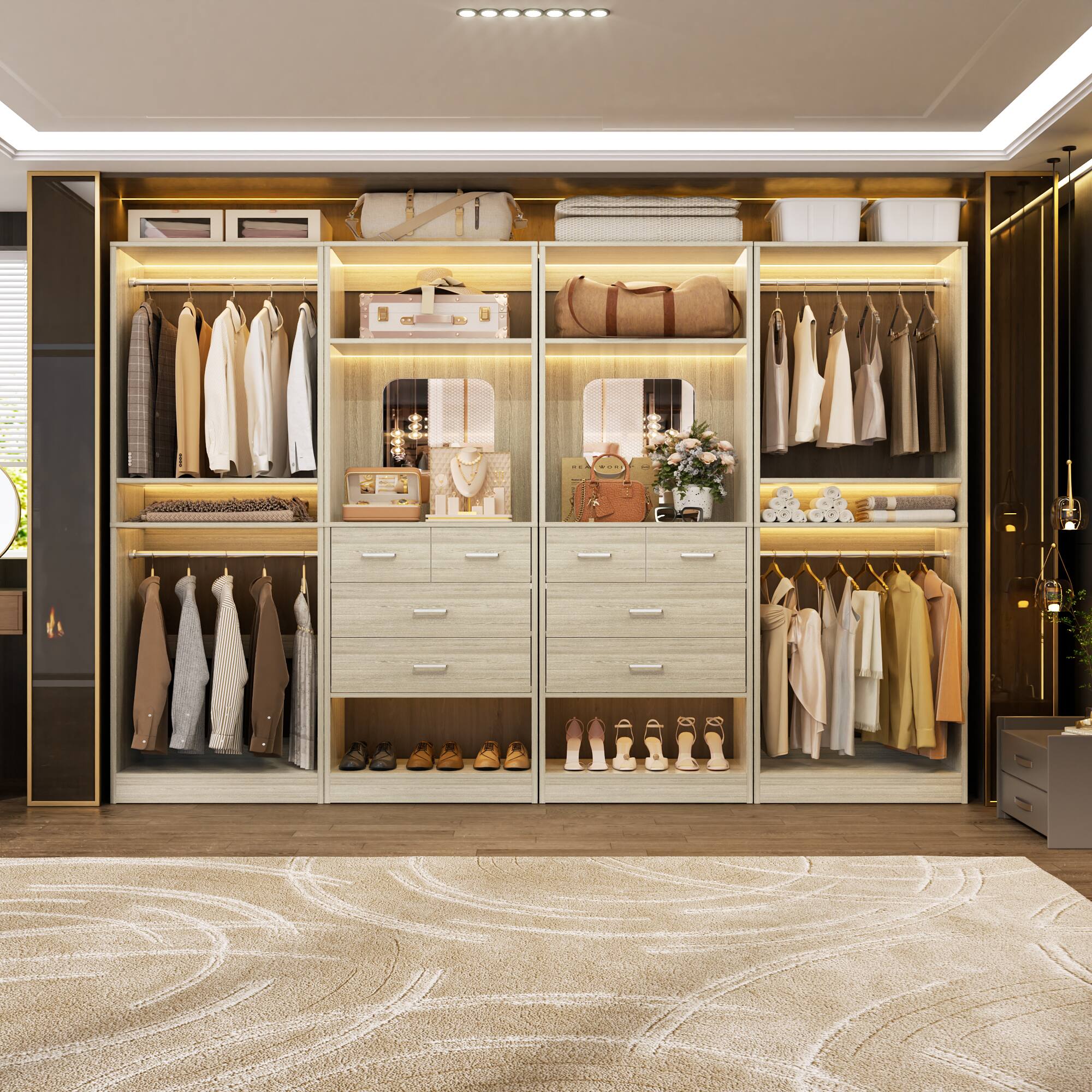 Alt View 1. Aheaplus - 100'' Walk-In Closet Organizer System with 8 Drawers and 4 Hanging Rods for Storage and Organization - Beige Oak.