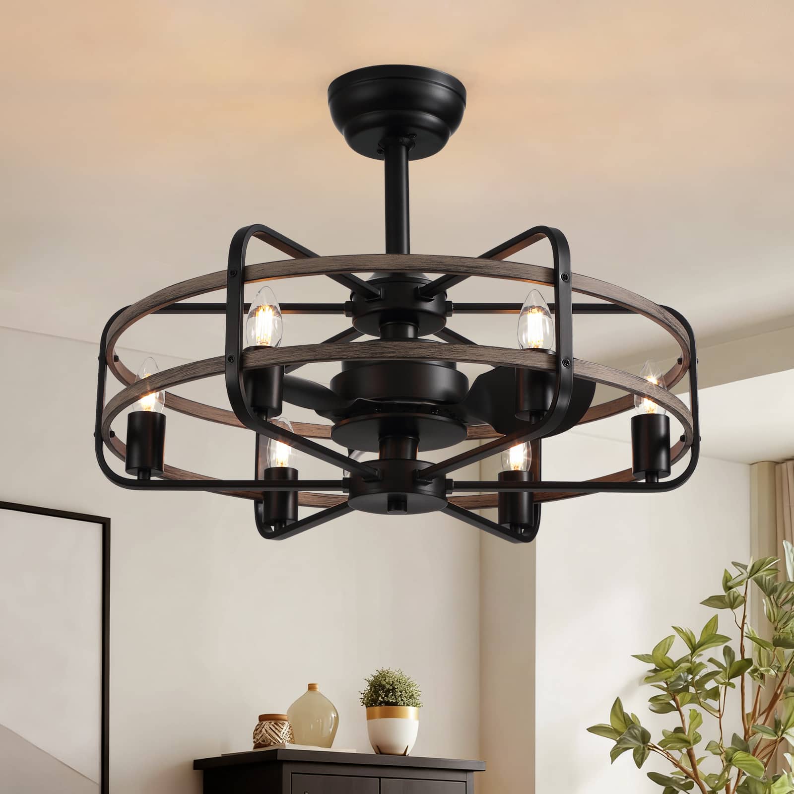 Siljoy - 24-inch Farmhouse Caged Ceiling Fan with 6 Lights Rustic Wood Grain Bladeless Fan Light for Bedroom Living Room Foyer - Black