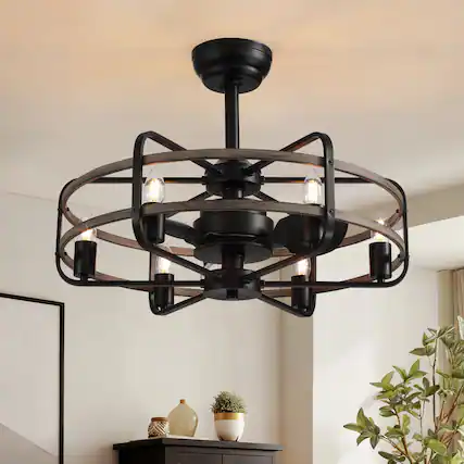 Front. Siljoy - 24.8 Inch Farmhouse Gray Caged Ceiling Fan Light, 6 Candle Lights, 6-Speed Reversible for Bedroom Kitchen and Foyer - Gray wood grain.