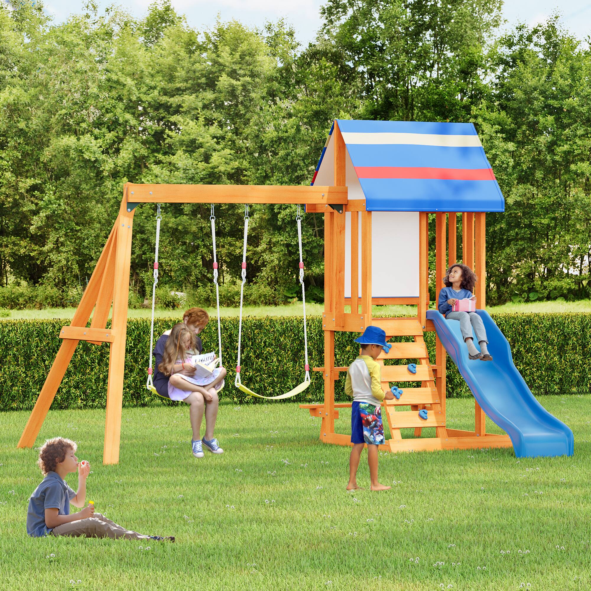 Front. ELEMENT ACE - Outdoor Wooden Swing Set with Slide, Swings, and Climbing Wall for Backyard and Garden Play.