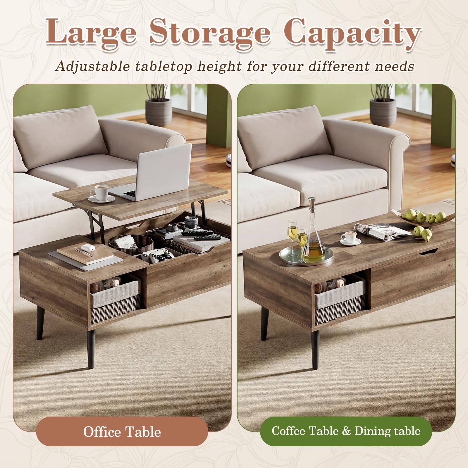 Large Storage Capacity  
Adjustable tabletop height for your different needs  
Office Table  
Coffee Table & Dining table