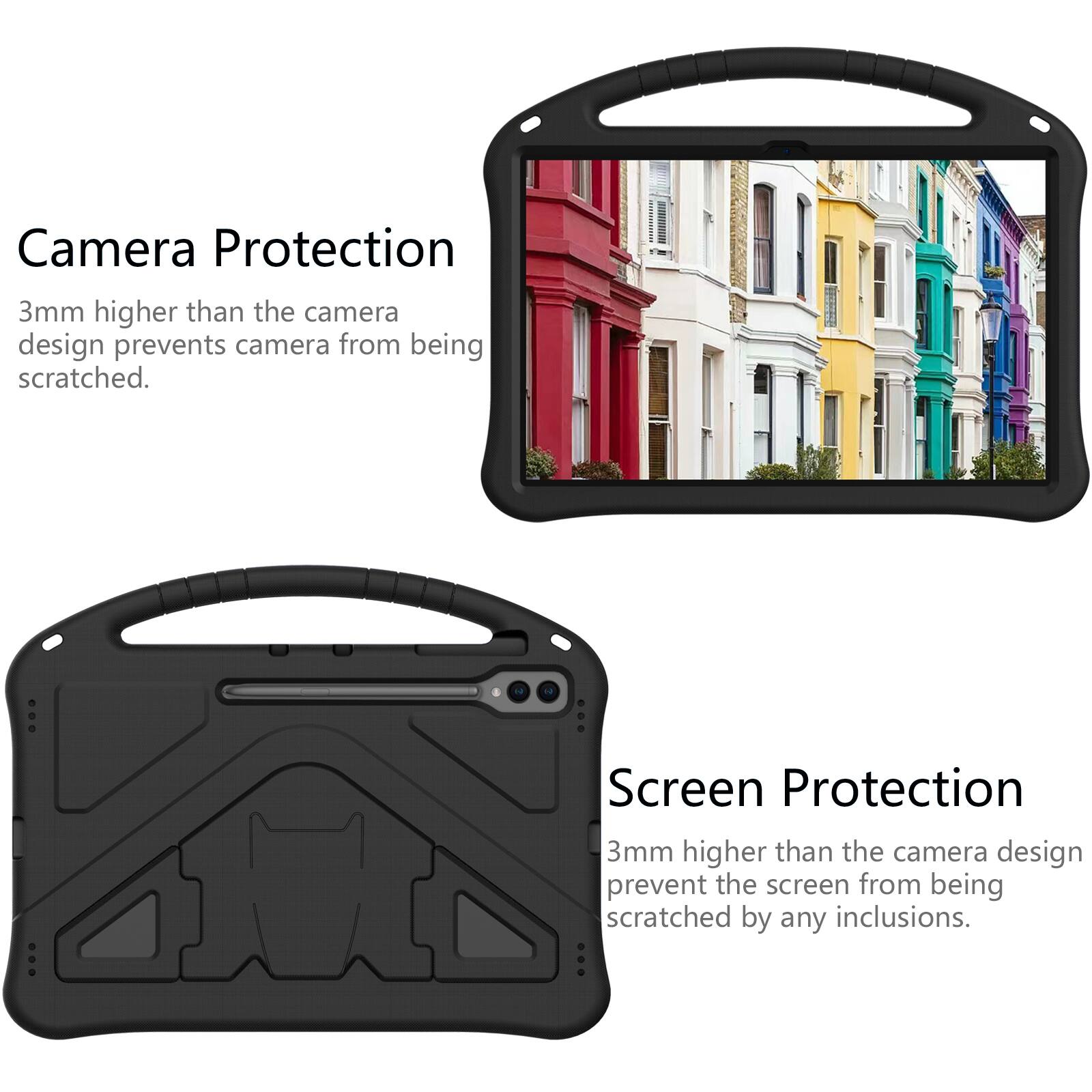 Camera Protection  
3mm higher than the camera design prevents camera from being scratched.  

Screen Protection  
3mm higher than the camera design prevent the screen from being scratched by any inclusions.