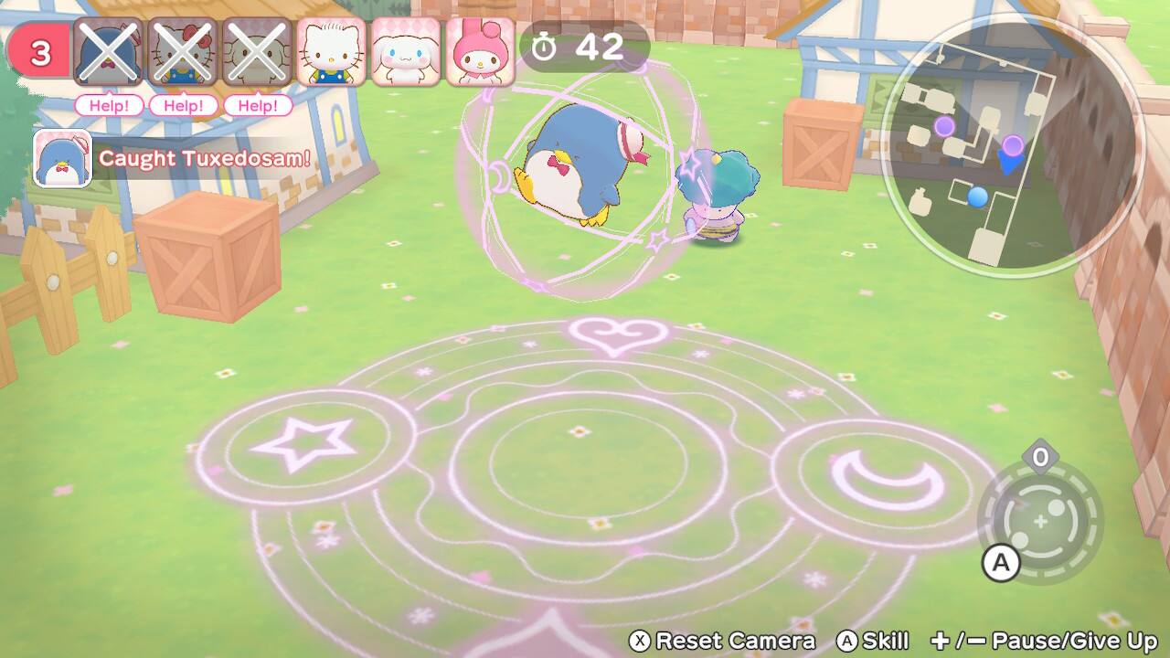 3  
Help! Help! Help!  
Caught Tuxedosam!  

42  

Reset Camera  
Skill  
+/- Pause/Give Up