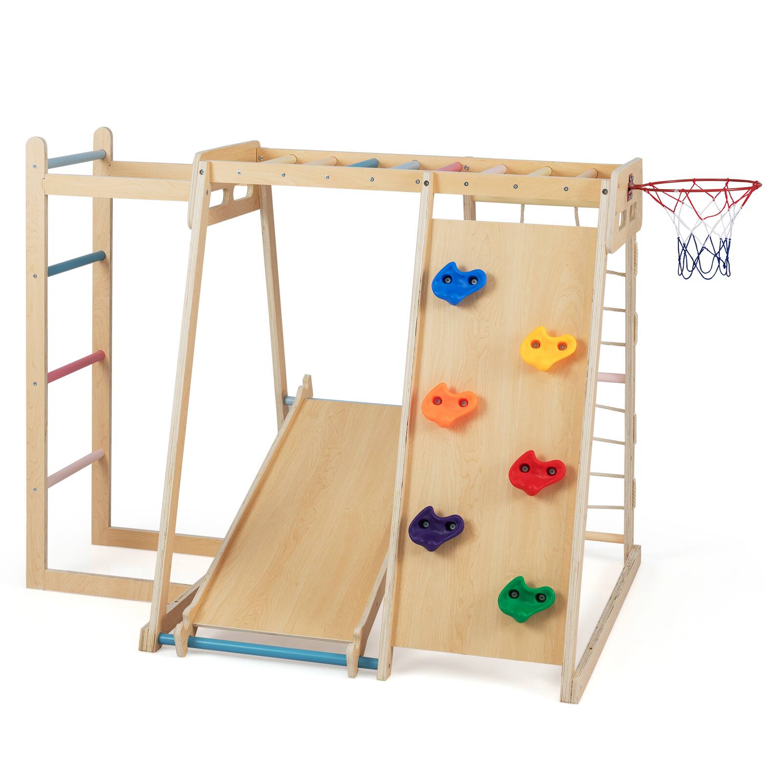 Alt View 9. Gymax - Gymax 6-in-1 Jungle Gym w/Slide Rock Climbing Basketball Hoop Monkey Bar Rope Net Macaron - Macaron.