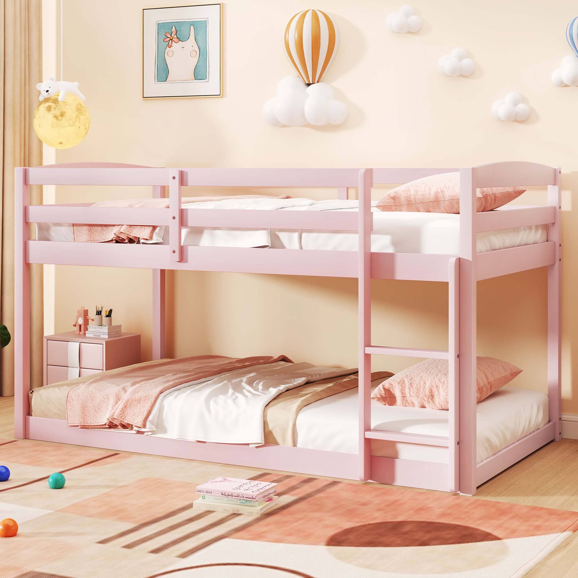Angle. Costway - Costway Twin over Twin Low Bunk Bed with Guardrails Integrated Ladder Kids Wooden White Pink - Pink.