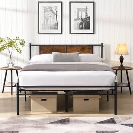 GOODSILO - Queen Size Metal Bed Frame with Wood Panel Headboard, Sturdy Steel Construction for Durability and Stability - Black+Brown