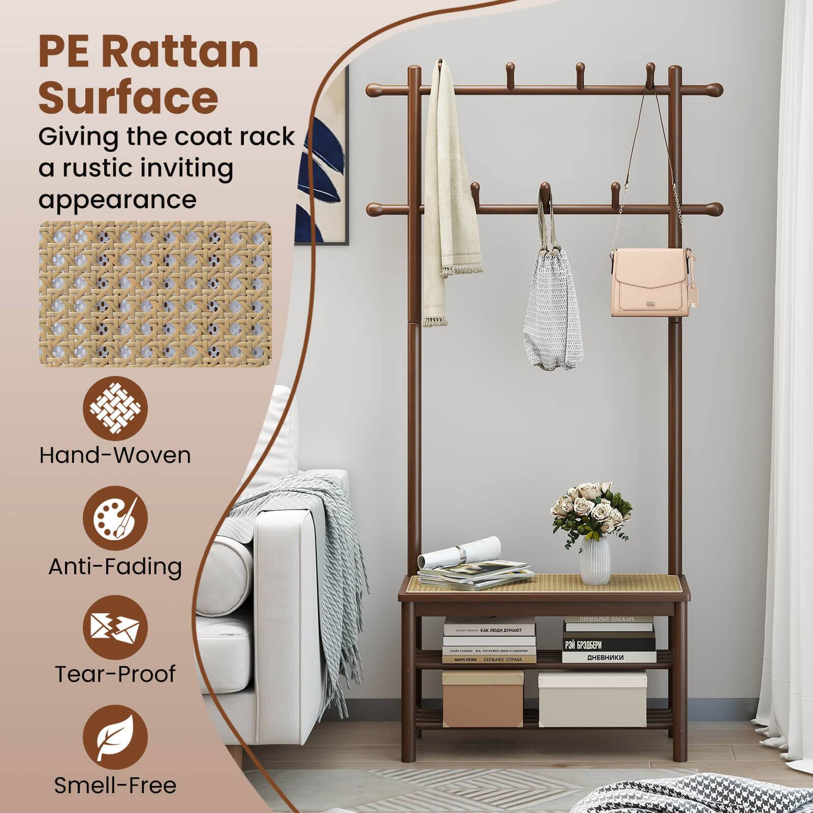 PE Rattan Surface  
Giving the coat rack a rustic inviting appearance  

- Hand-Woven  
- Anti-Fading  
- Tear-Proof  
- Smell-Free