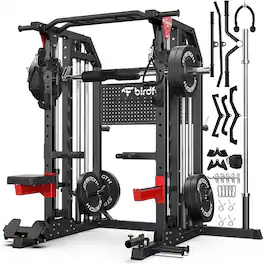 Pooboo - Power Cage Smith Machine with Cable Crossover, Lat Pulldown & 230lb Weight Set - Black