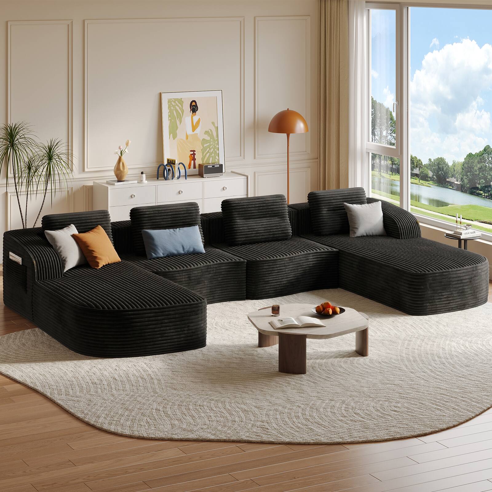 Left. Pinmoco - PINMOCO Modular Sectional Sofa, Sleeper Sofa Bed with 3 Pillows, Boneless Couch with Side Pockets - U-Shape Black.