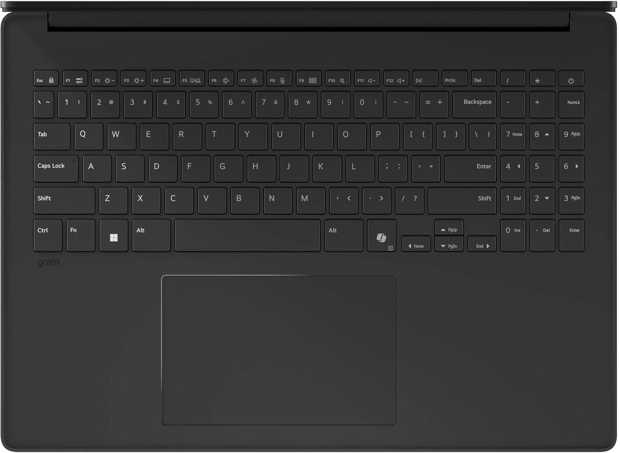 Esc F1 F2 F3 F4 F5 F6 F7 F8 F9 F10 F11 F12  
PrtSc Del / * 2 1 I 2 a 3 a 4 S 5 % 6 A 7 & 8 * 9 E 0 D  
Backspace - + NumLk Tab Q W E R T Y U I O P [ ] ; '  
Caps Lock A S D F G H J K L : " Enter 4 5 6 A  
Shift Z X C V B N M , . / Shift 1 2 3 PgDn  
Ctrl Fn Alt Spacebar Alt Home PgUp End PgDn  
Ins Del Enter