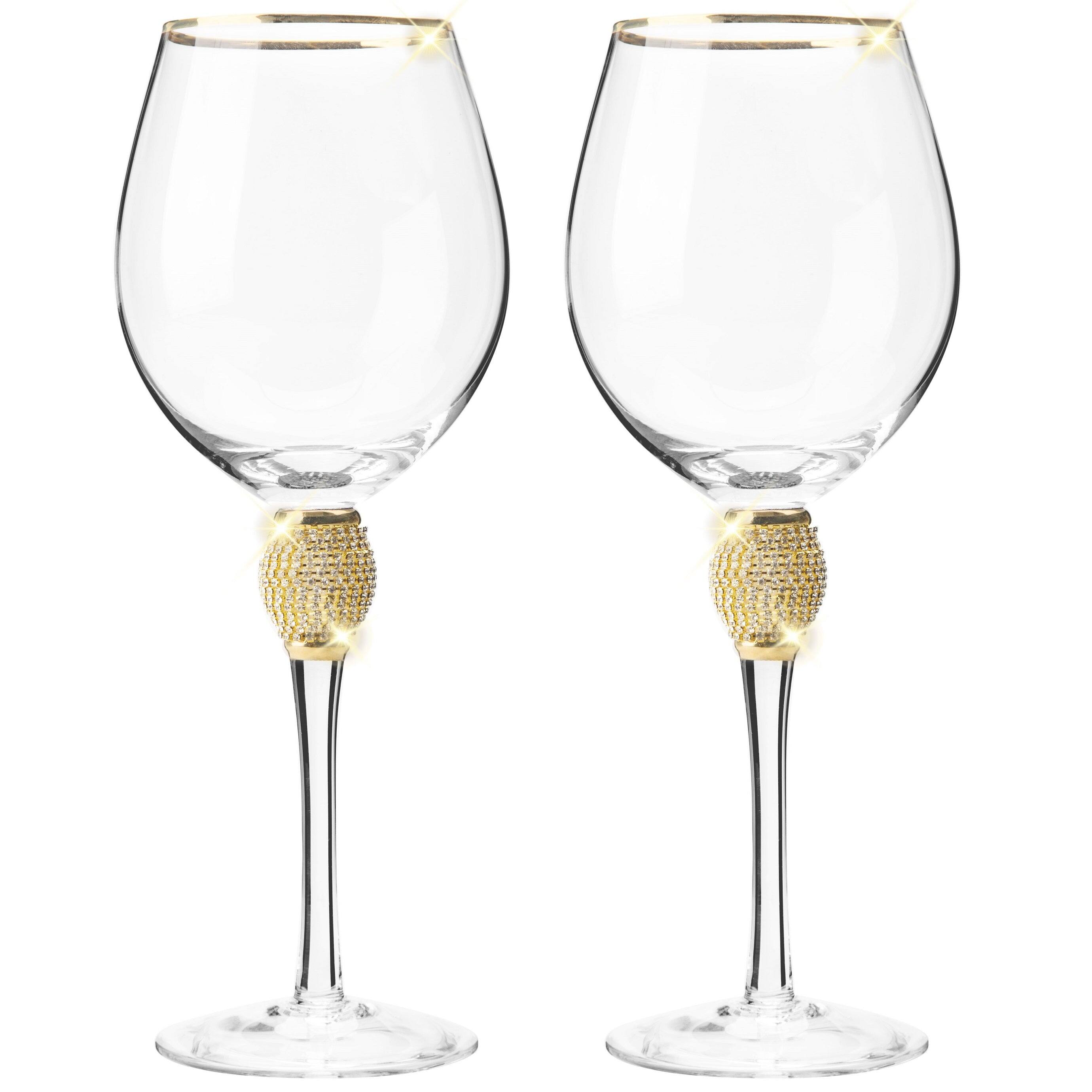 Alt View 4. Berkware - Premium Wine Glasses Set of 2 - Crystal Long Stem Wine Glass with Gold Rim & Rhinestone Design - 18 oz - Gold.