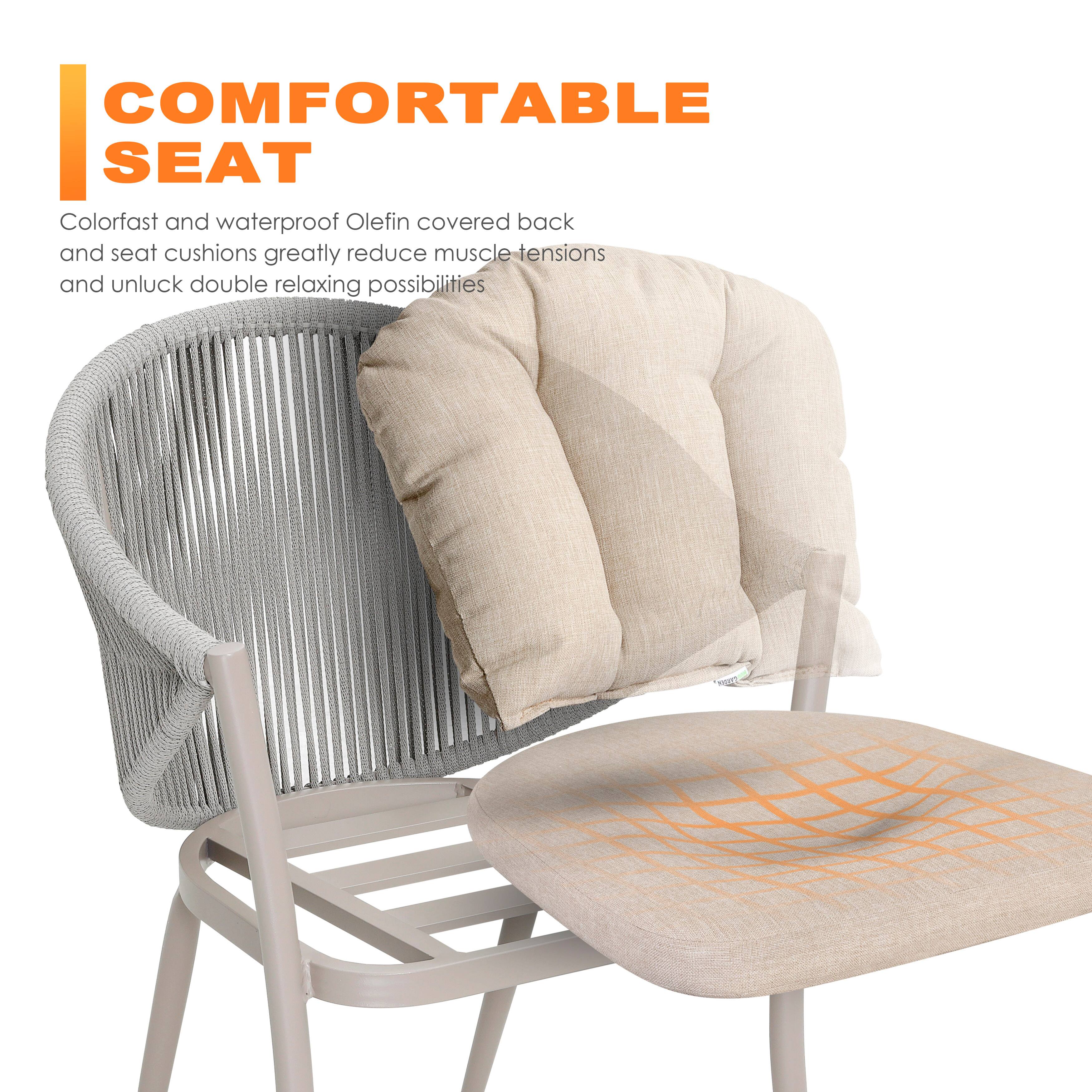 COMFORTABLE SEAT

Colorfast and waterproof Olefin covered back and seat cushions greatly reduce muscle tensions and unlock double relaxing possibilities