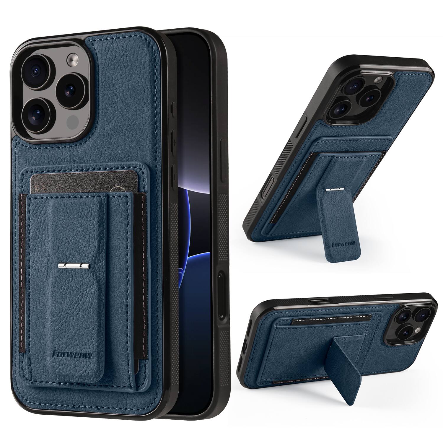 Dteck - Slim Card Holder Case for Apple iPhone 16 Pro Max, Shockproof Wallet Protective Cover with Kickstand - Blue