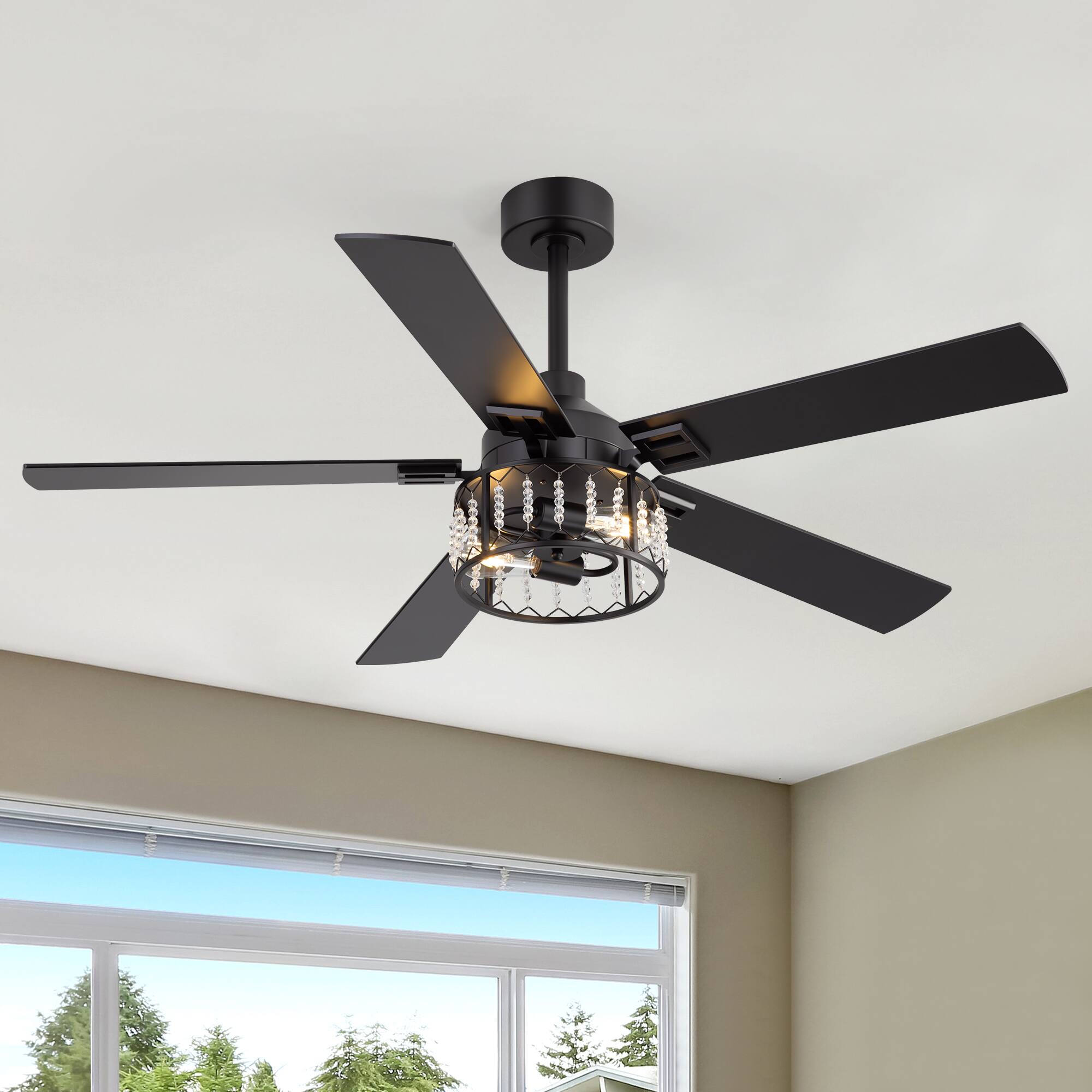 Angle. Breezary - 52-Inch Ceiling Fan with Light, Crystal Cage Shade, Dual-Color Reversible Plywood Blades, DC Motor, 2 Downrods - black and walnut.