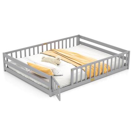 Front. Costway - Costway Queen Size Floor Bed with Full Length Safety Guardrails & Door for Boys, Girls - Gray.