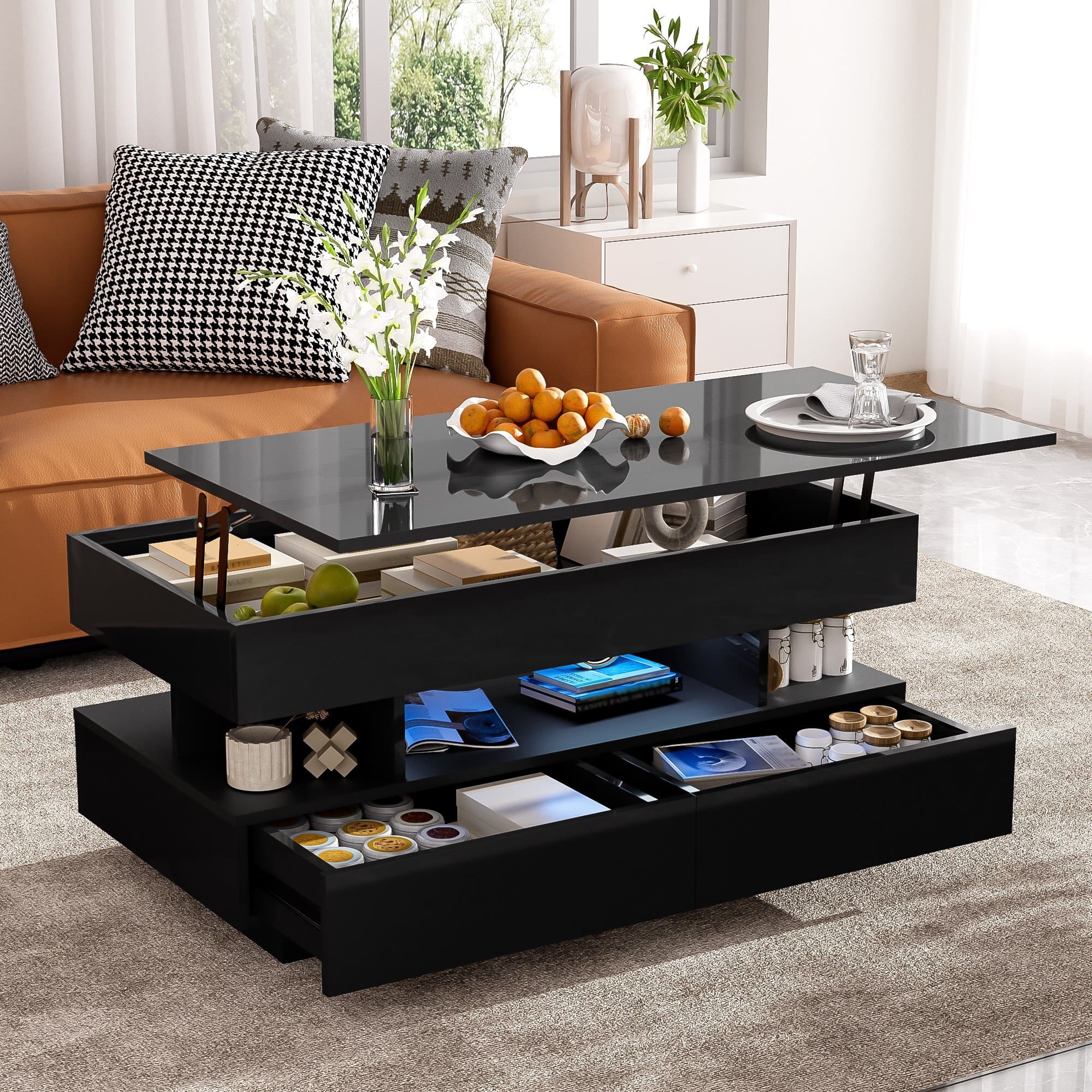 Front. Bestier - Lift Top Coffee Table with Storage, Modern LED Lighted Coffee Table with 2 Drawers and Open Shelf for Living Room - Black.