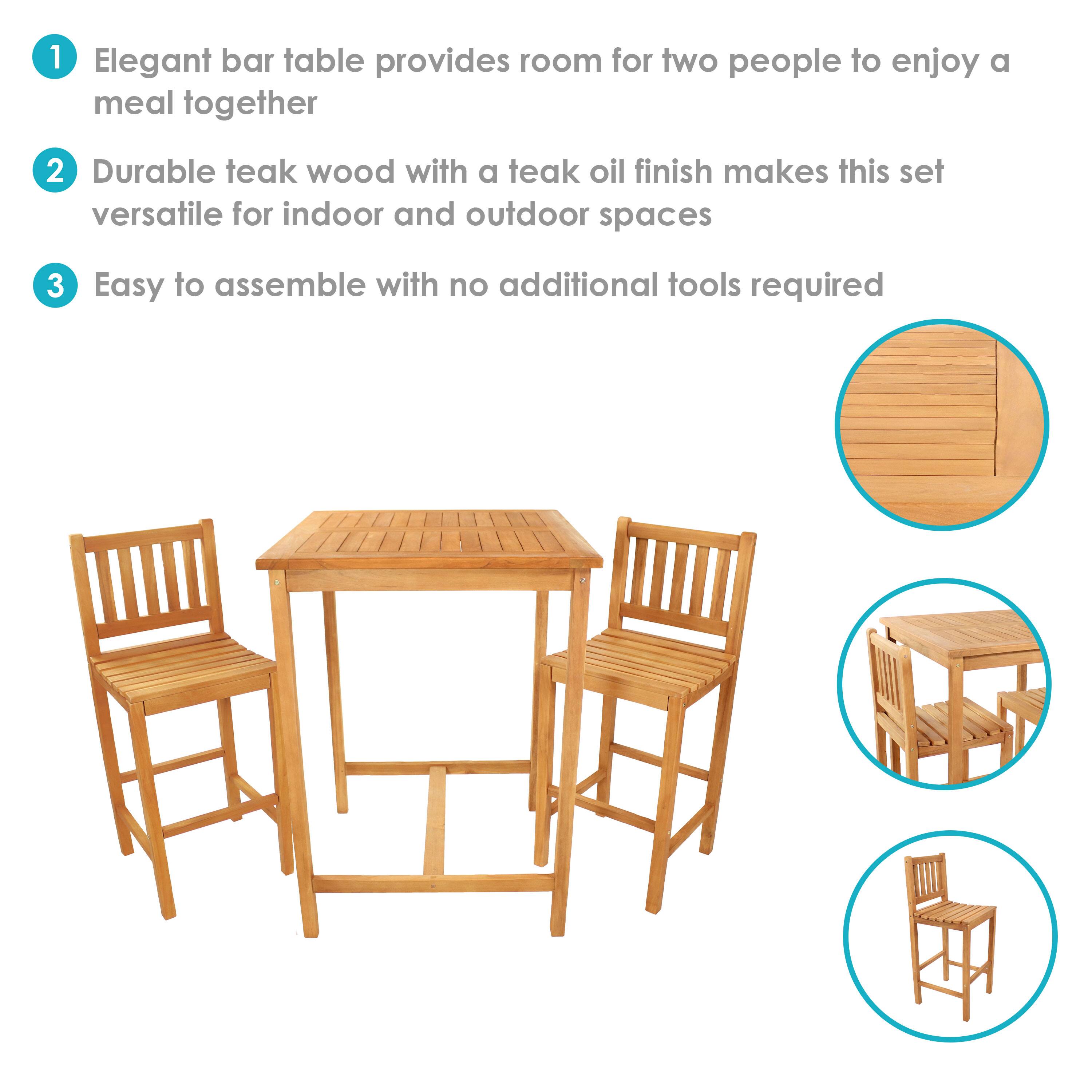 1. Elegant bar table provides room for two people to enjoy a meal together  
2. Durable teak wood with a teak oil finish makes this set versatile for indoor and outdoor spaces  
3. Easy to assemble with no additional tools required