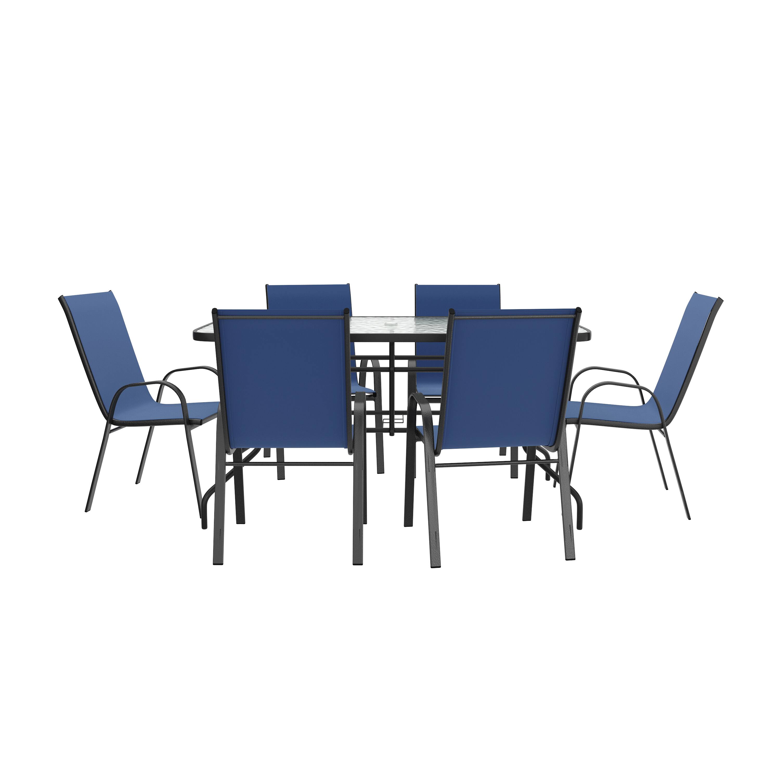 Alt View 7. Emma + Oliver - Seven Piece Patio Table Set with Metal Table with Tempered Glass Top and 6 Flex Comfort Stacking Chairs - Navy.