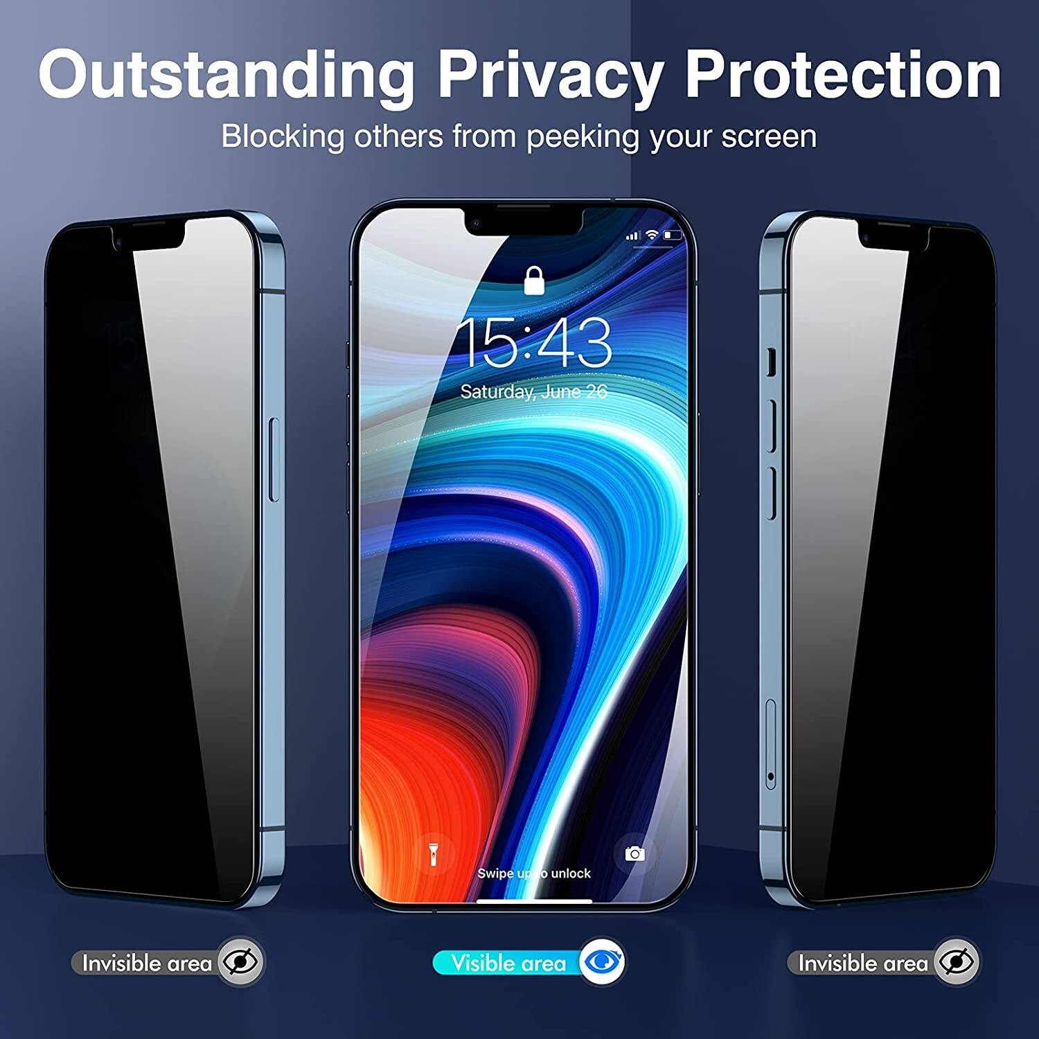 Outstanding Privacy Protection: Blocking others from peeking at your screen. 15:43 Saturday, June 26. Swipe up to unlock. Invisible area. Visible area. Invisible area.