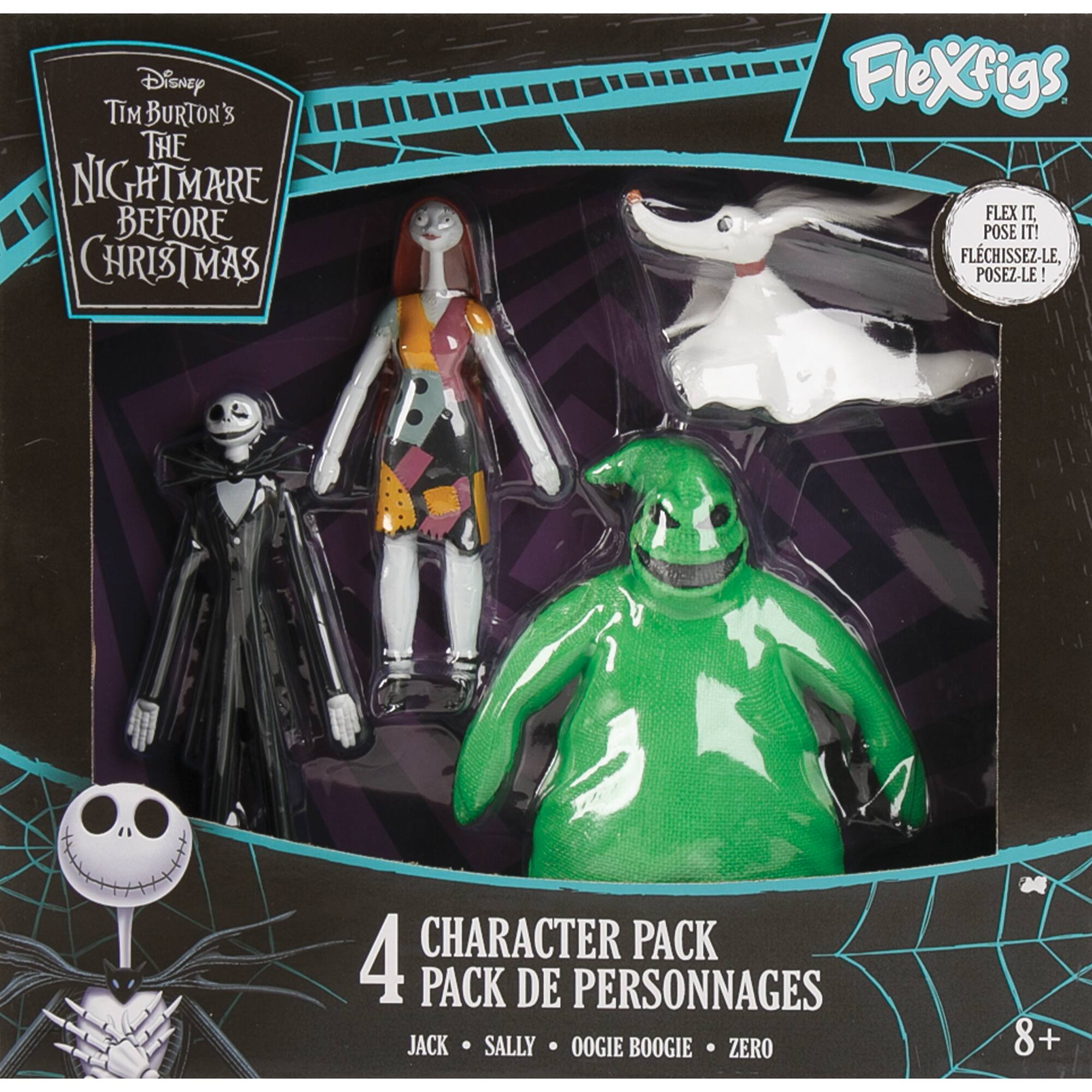 Disney Tim Burton's The Nightmare Before Christmas Flexfigs Flex It, Pose It! Flichissez-le Posez-le! 4 Character Pack Pack de Personnages Jack Sally Oogie Boogie Zero 8+