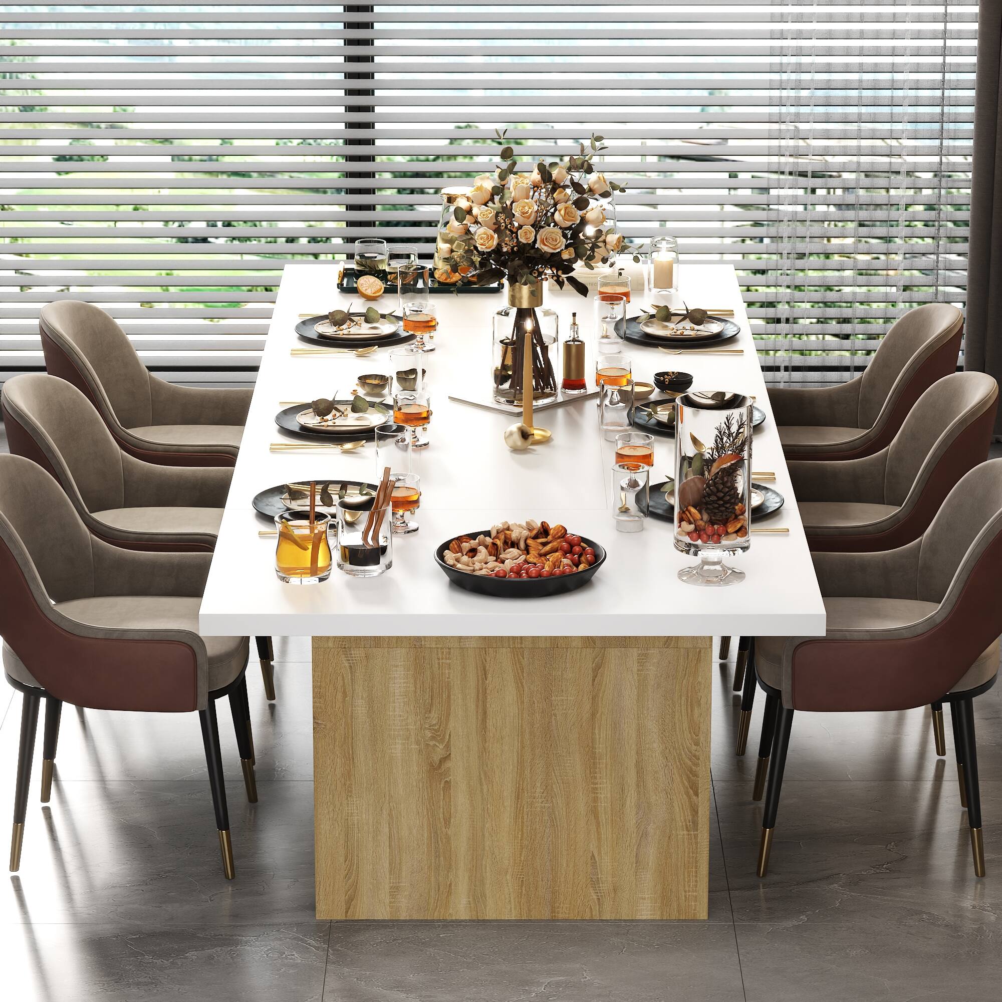 Back. FUFU & GAGA - Extra Large Dining Table for 8-10 People, Modern Rectangular Table with Sturdy Top, Ideal for Family Gatherings - White & Wooden.