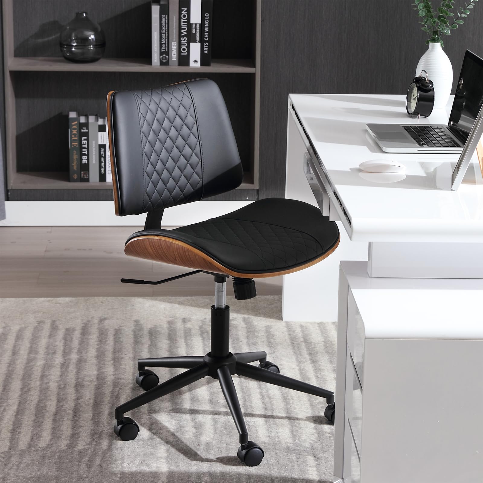 Dazzed Corner - Home Office Armless Desk Chair with Wheels, Adjustable Height PU Leather Mid Back Swivel Computer Chair - Black