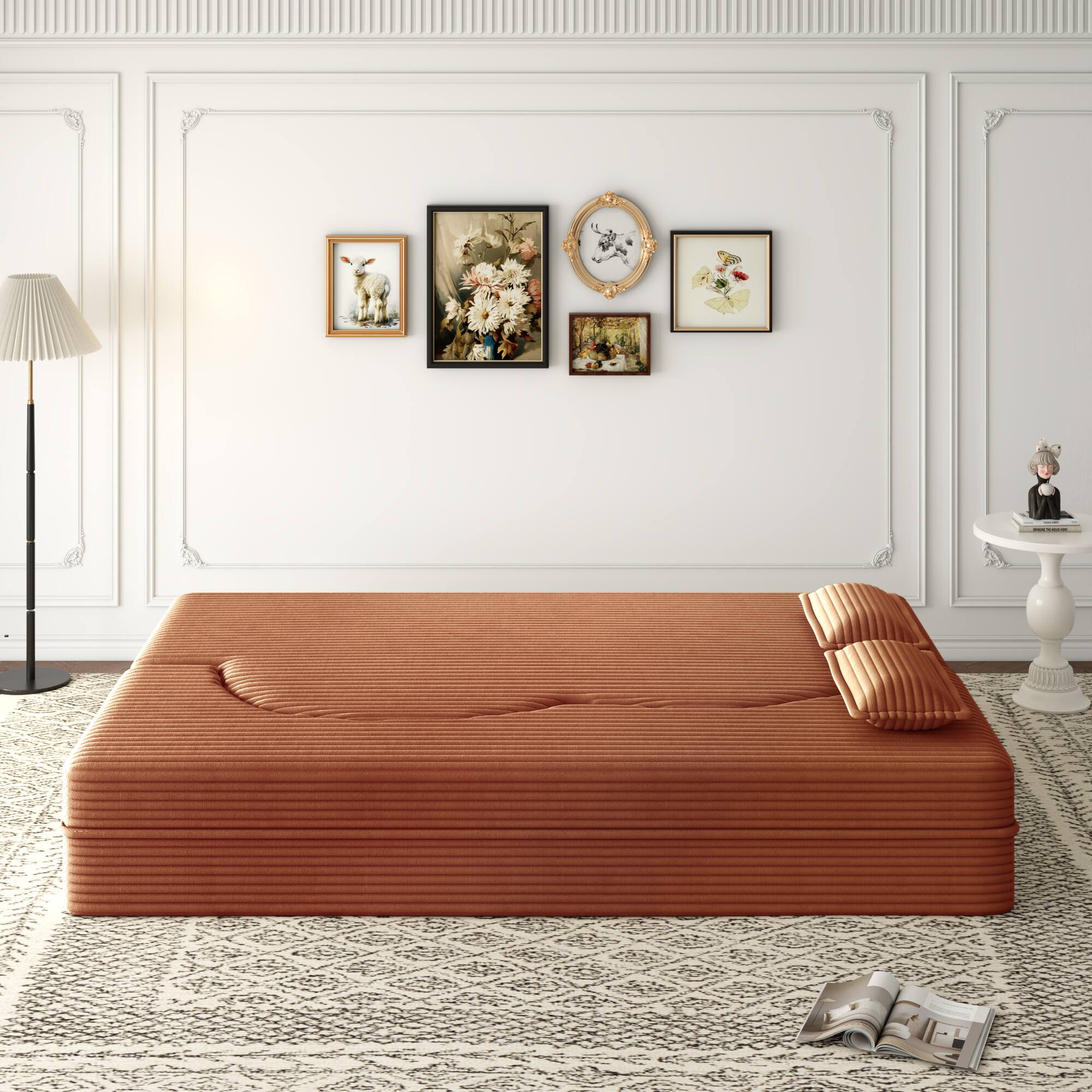Alt View 1. GOODSILO - Convertible Plush Corduroy Floor Sleeper Sofa with Dual Pillows for Living Room and Guest Use - Orange.