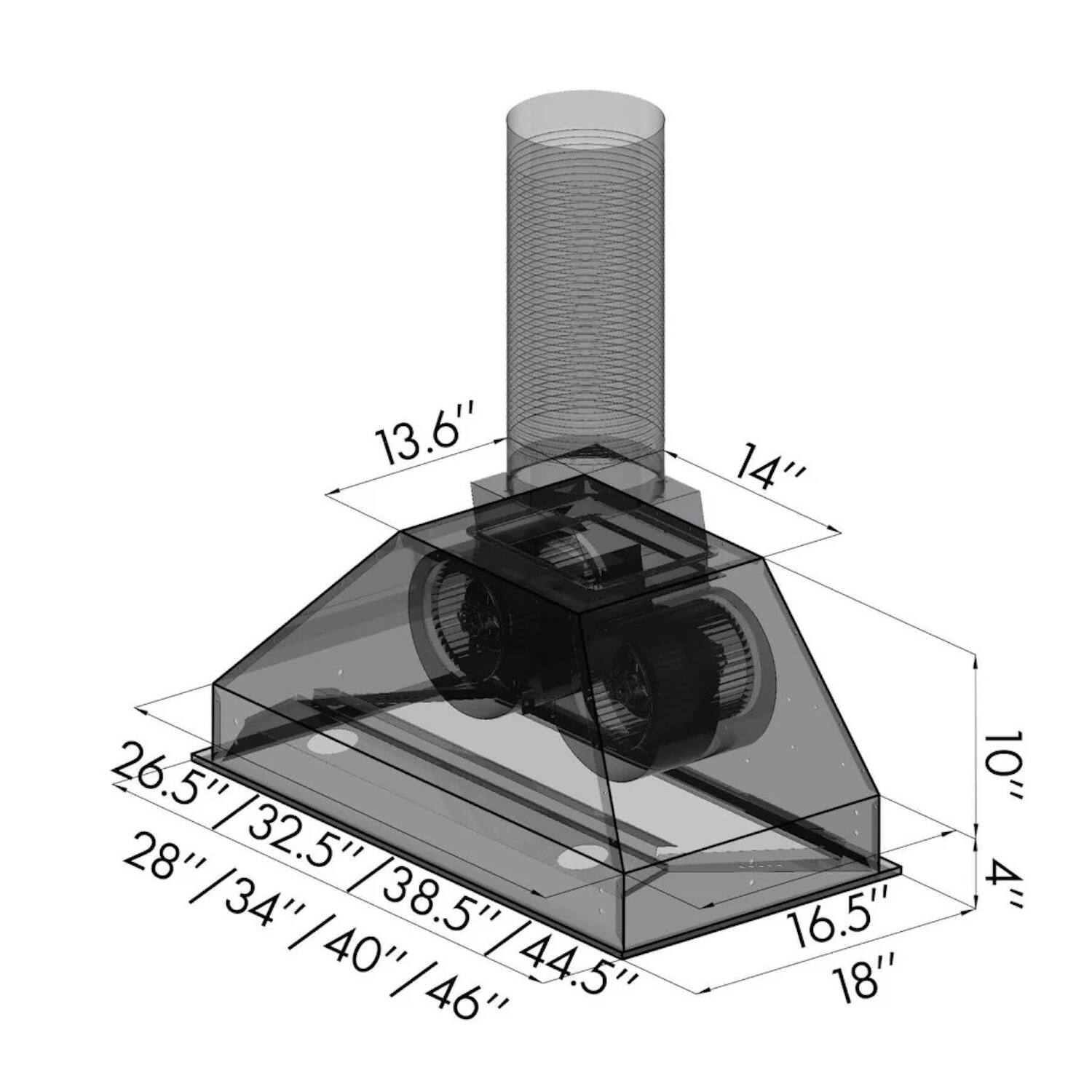 The text on the image reads: "13.6" 14" 26.5" 26.5"/32.5" 28" 32.5" 34" / 38.5" 40" 44.5" 46" 16.5" 18" 10" 4"".