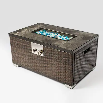 Front. Boyel Living - 32 Inch Outdoor Rectangular Propane Fire Pit Table Tile Top Wicker Base Brown - Brown.