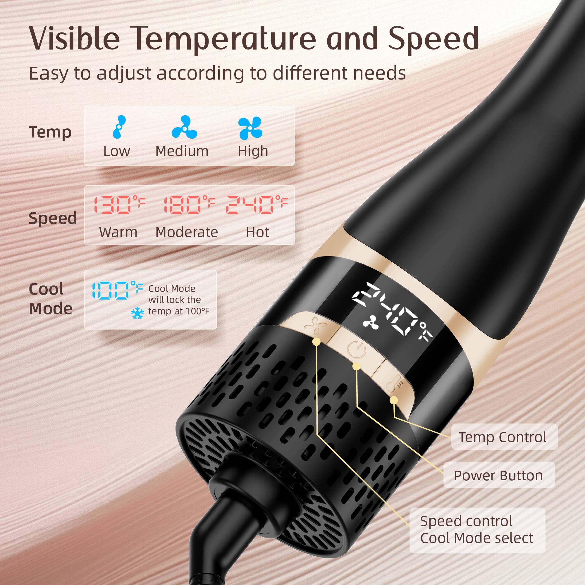 Visible Temperature and Speed
Easy to adjust according to different needs
Temp
Low
Medium
High
130°F
180°F
240°F
Speed
Warm
Moderate
Hot
Cool
Mode
Cool Mode will lock the temp at 100°F
Temp Control
Power Button
Speed control
Cool Mode select