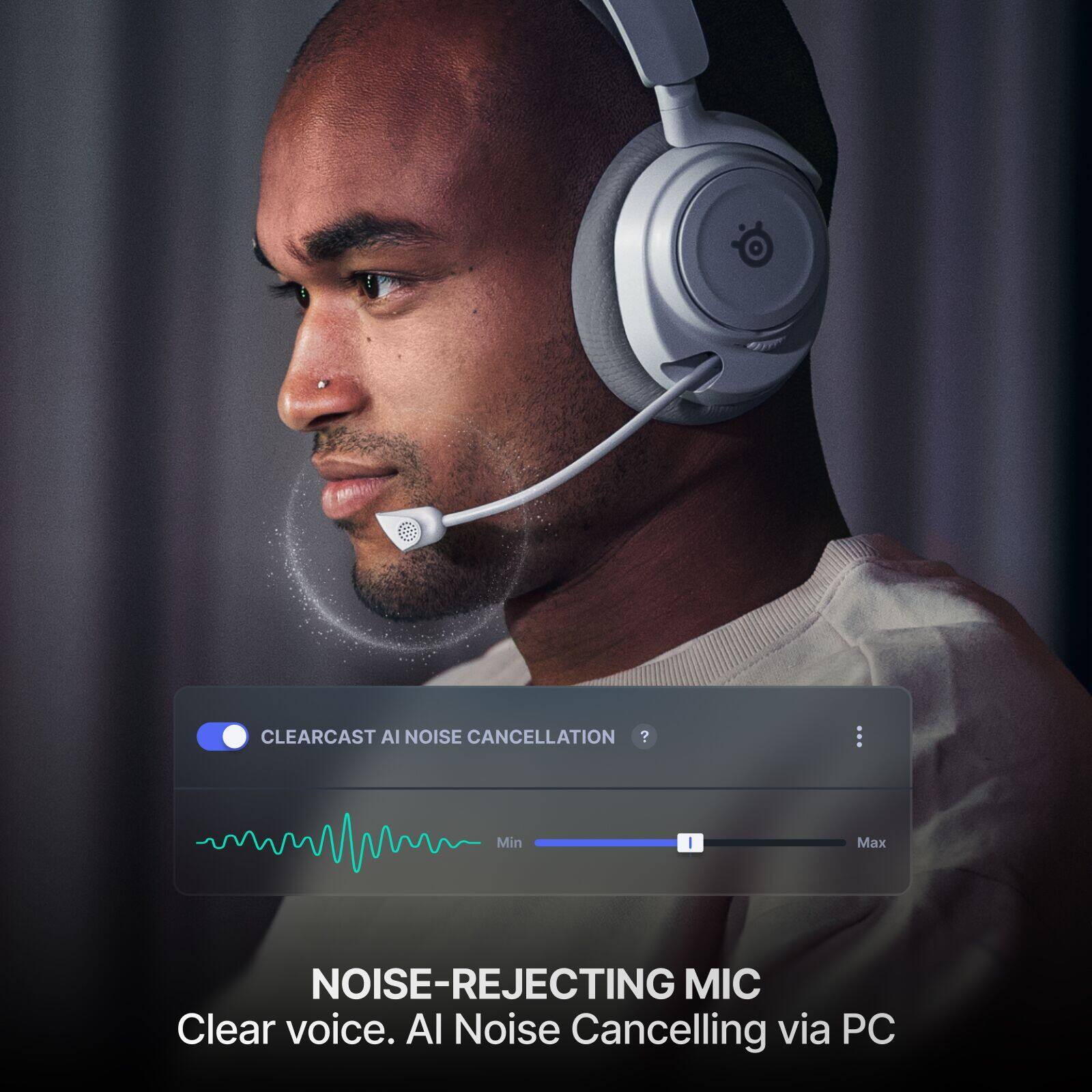 CLEARCAST AI NOISE CANCELLATION  
Min [slider] Max  

NOISE-REJECTING MIC  
Clear voice. AI Noise Cancelling via PC