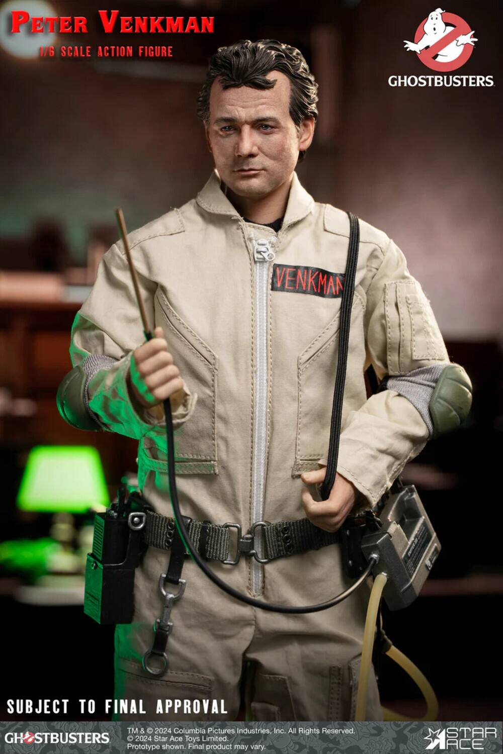 PETER VENKMAN 1/6 SCALE ACTION FIGURE GHOSTBUSTERS  
VENKMAN SUBJECT TO FINAL APPROVAL  
TM & © 2024 Columbia Pictures Industries, Inc. All Rights Reserved.  
GHOSTBUSTERS 2024 Star Ace Toys Limited.  
Prototype shown. Final product may vary.  
STAR ACE