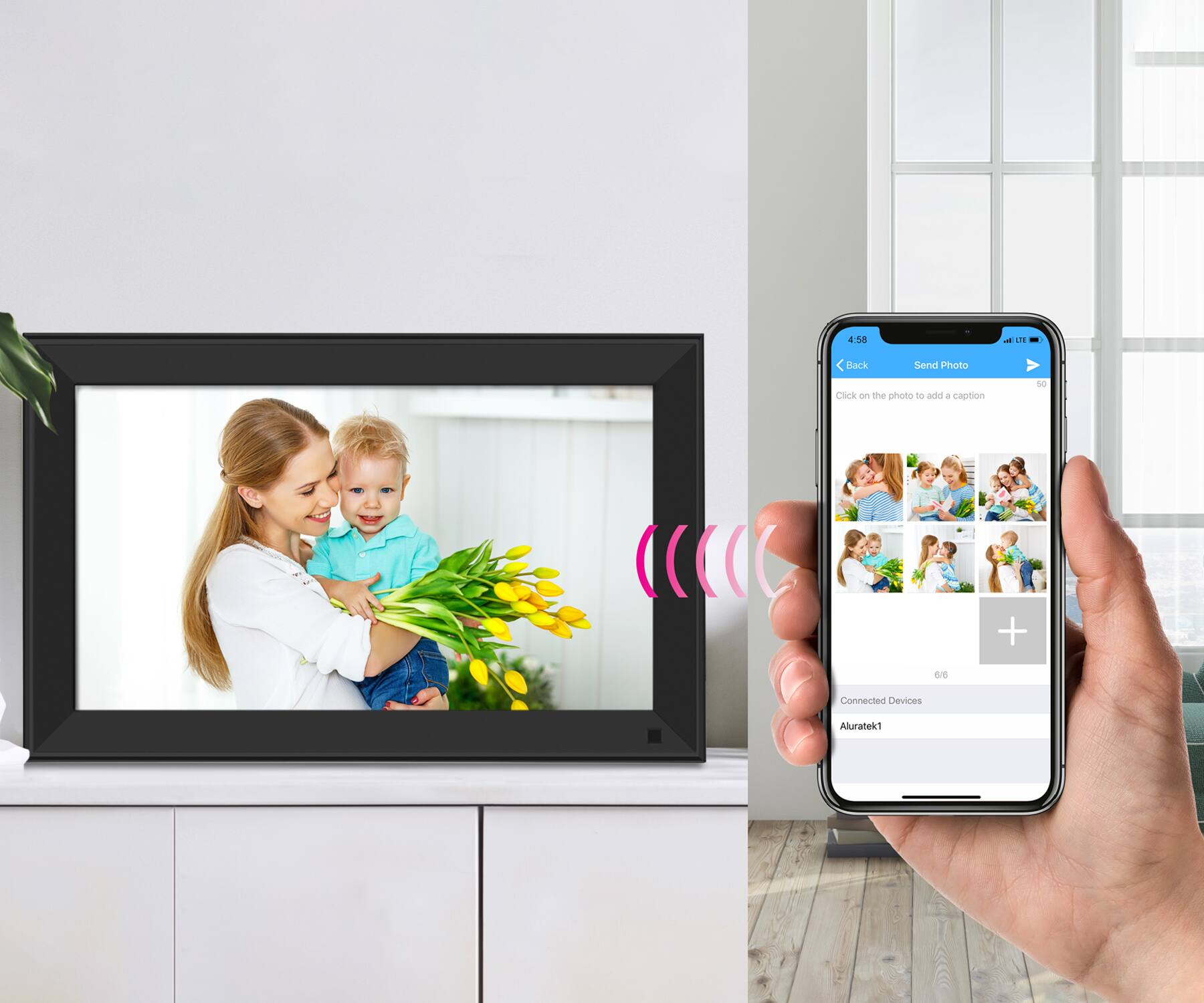 Group:

* A woman holding a baby in front of a TV.
* A cell phone with a photo of a woman holding a baby.
* A TV displaying a photo of a woman holding a baby.

Corrected text:

* A woman holding a baby in front of a TV.
* A cell phone with a photo of a woman holding a baby.
* A TV displaying a photo of a woman holding a baby.