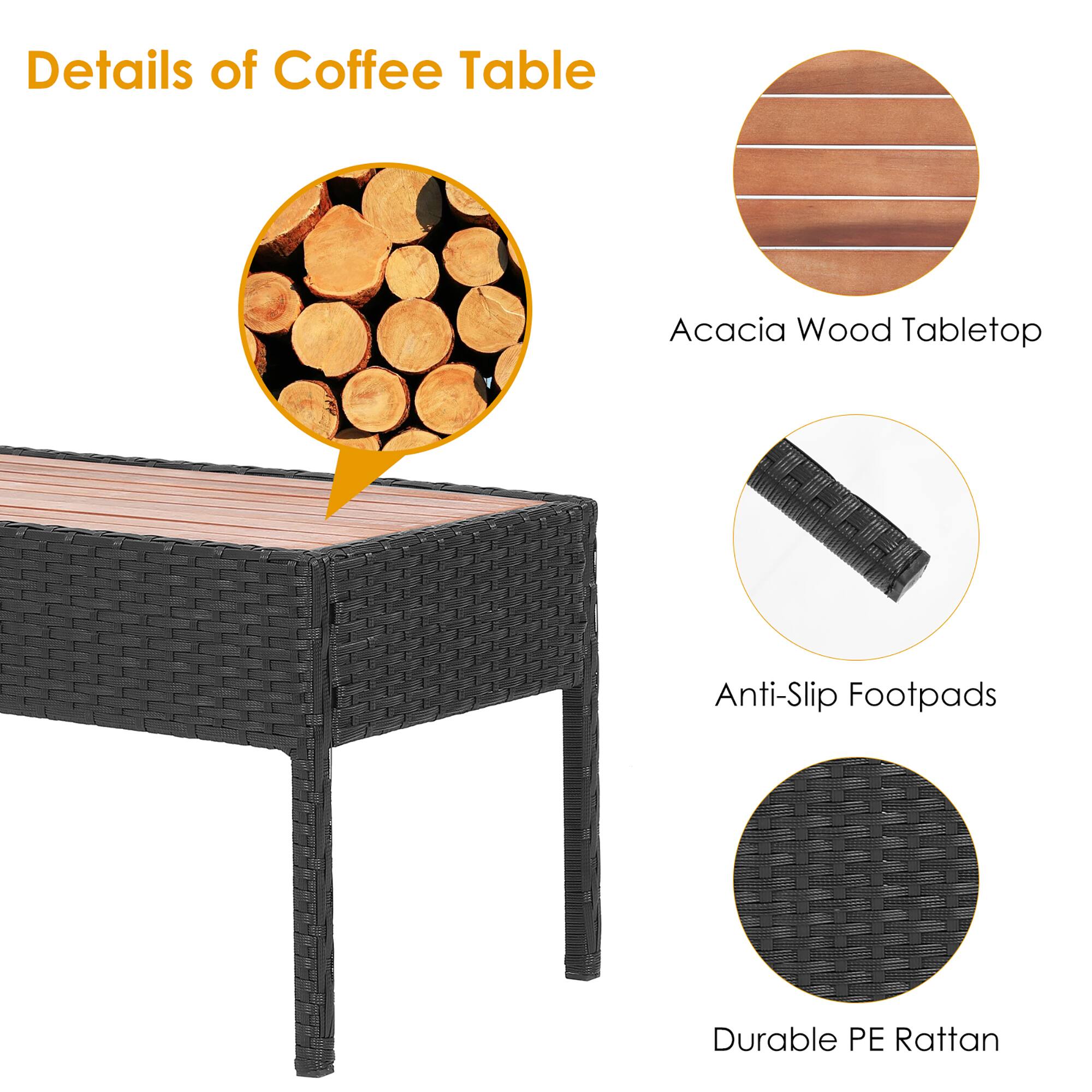Details of Coffee Table

- Acacia Wood Tabletop
- Anti-Slip Footpads
- Durable PE Rattan