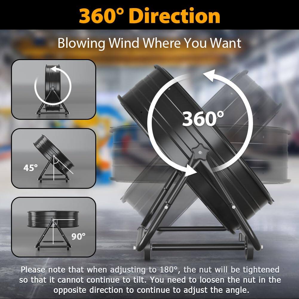 360° Direction  
Blowing Wind Where You Want

Please note that when adjusting to 180°, the nut will be tightened so that it cannot continue to tilt. You need to loosen the nut in the opposite direction to continue to adjust the angle.

- 45°
- 90°
- 360°