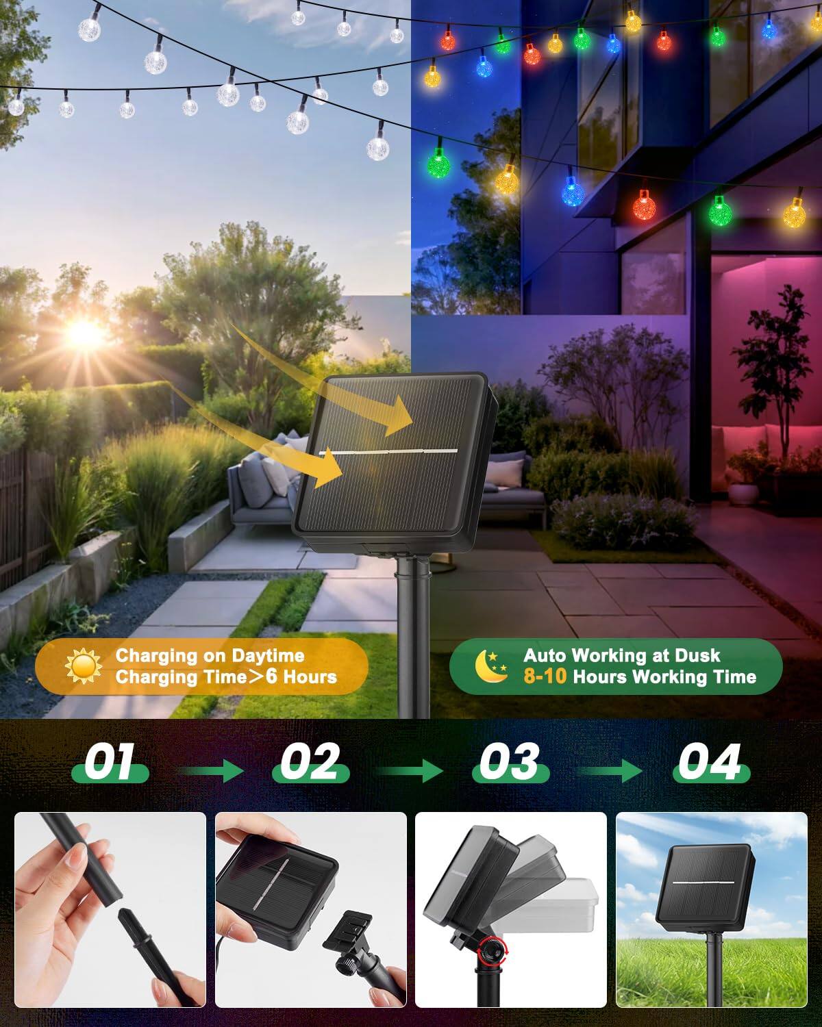 Charging on Daytime  
Charging Time > 6 Hours  

Auto Working at Dusk  
8-10 Hours Working Time  

01  
02  
03  
04