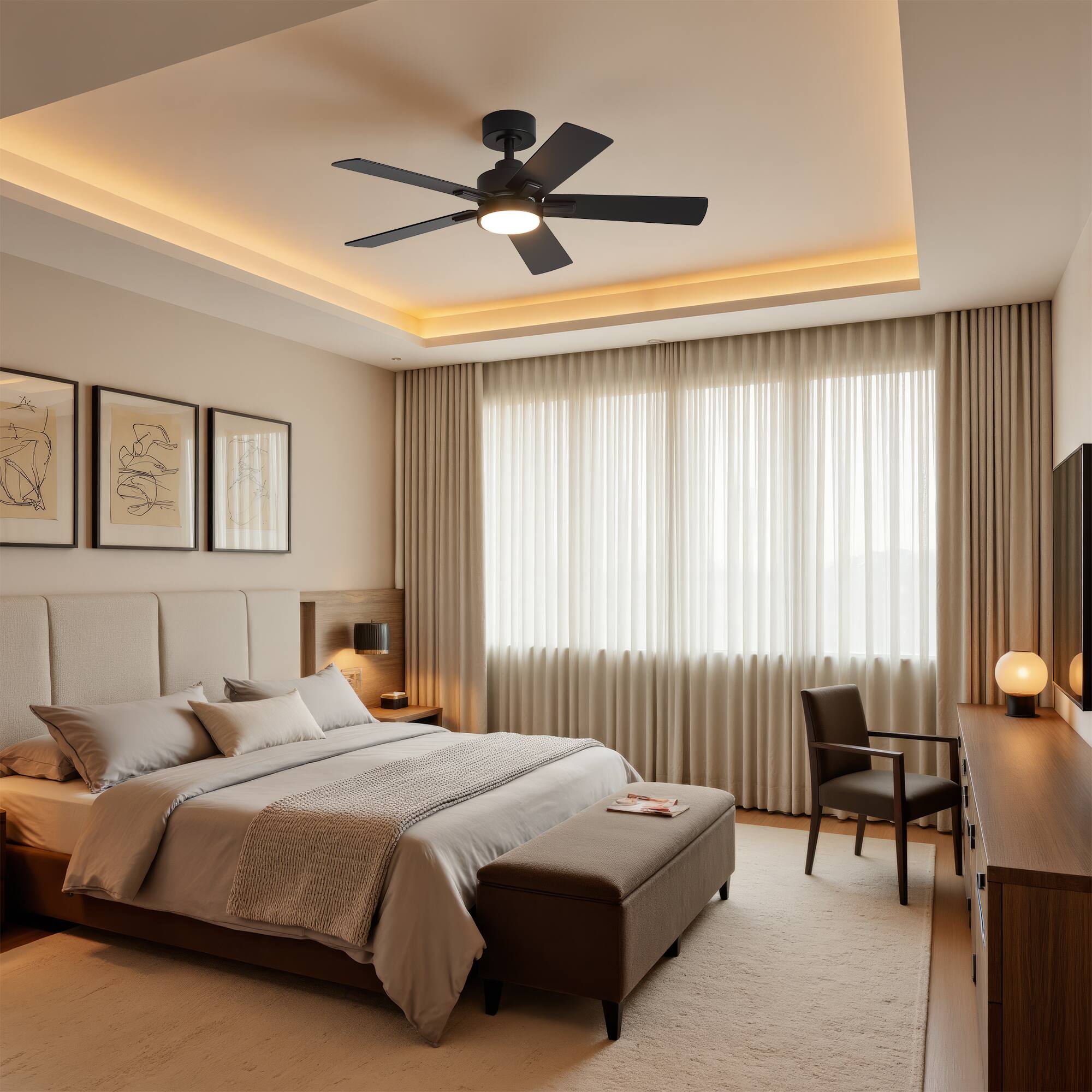 Angle. Breezary - 42-Inch Ceiling Fan with LED Light, 5 MDF Blades, DC Motor, 6-Speed Remote, 1/4h Timer, Tri-Color Dimmable, Acrylic Shad - Matte Black.