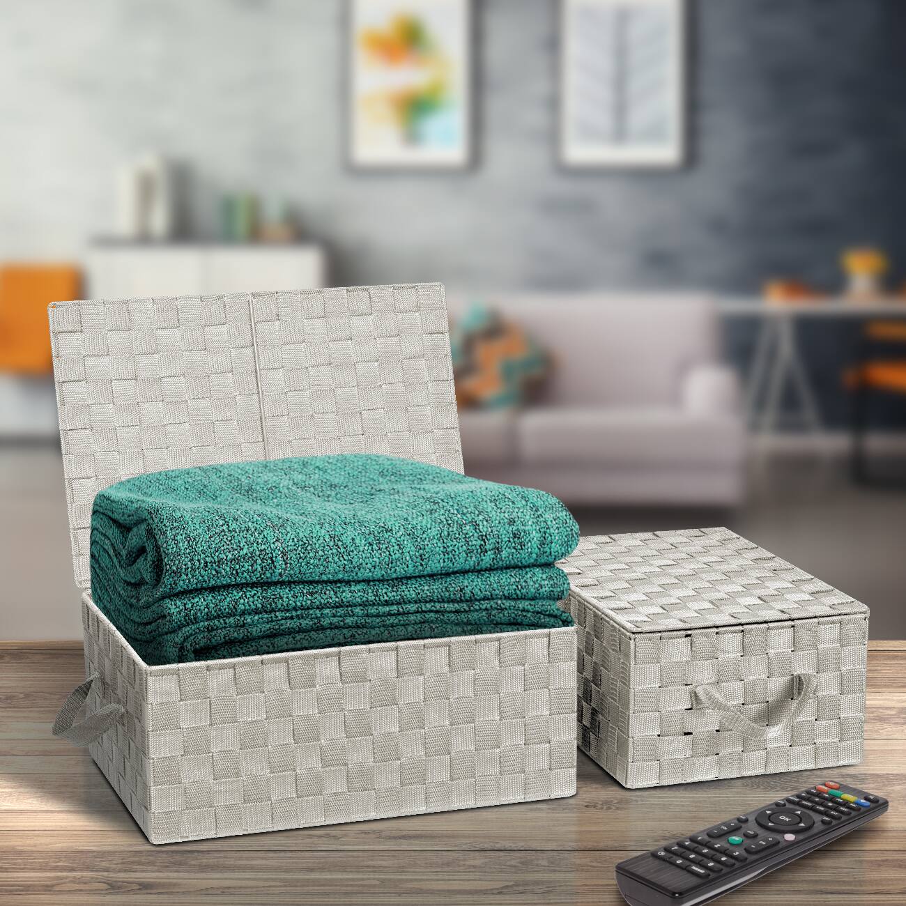 Left. Sorbus - Sorbus Set of 3 Storage Baskets for Organizing with Lid, Mesh, Linen, Organizer Storage Baskets for Shelves - Beige.