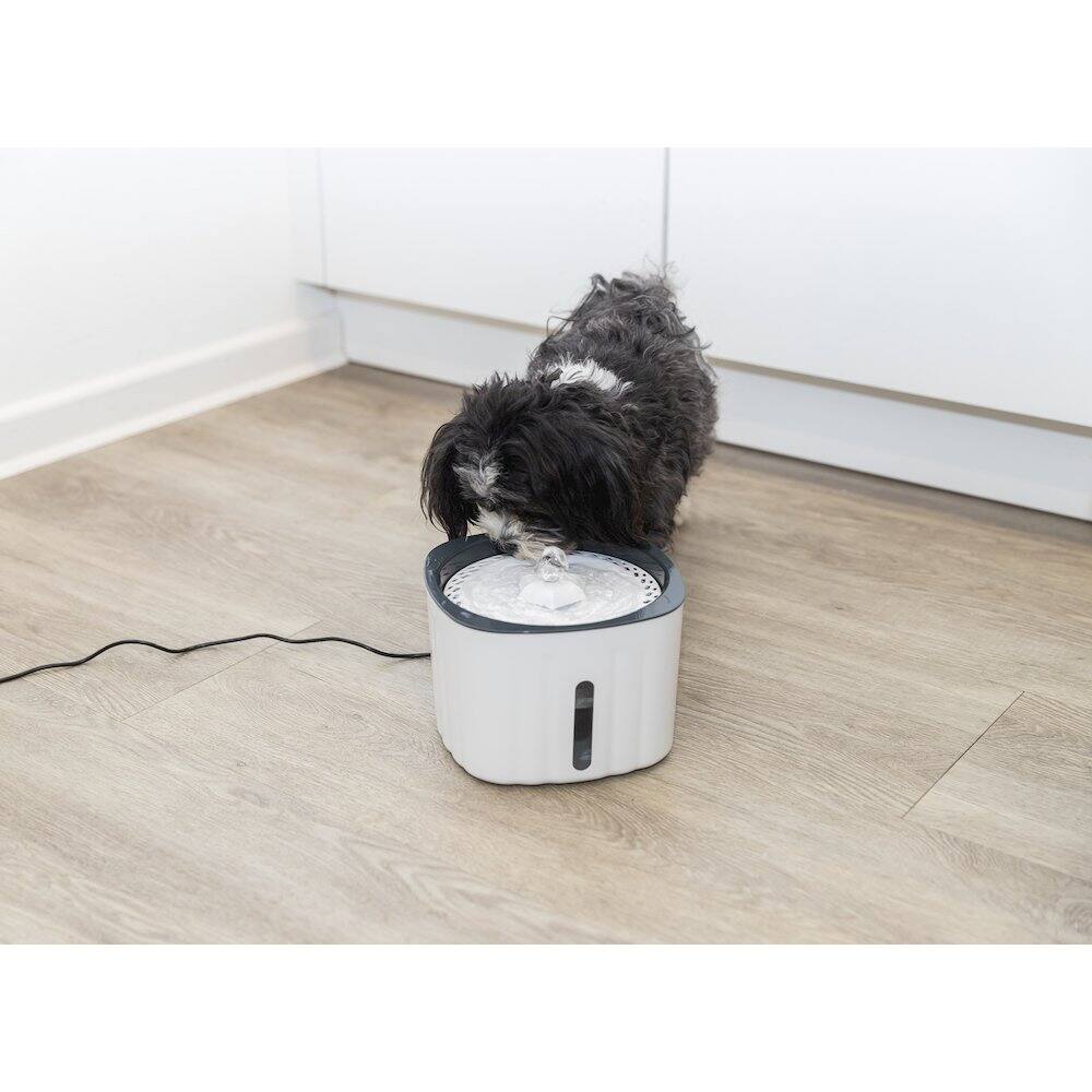 Left. TRIXIE - Flower Drinking Fountain for Dogs and Cats, 68oz Automatic Water Dispenser - White/Gray.